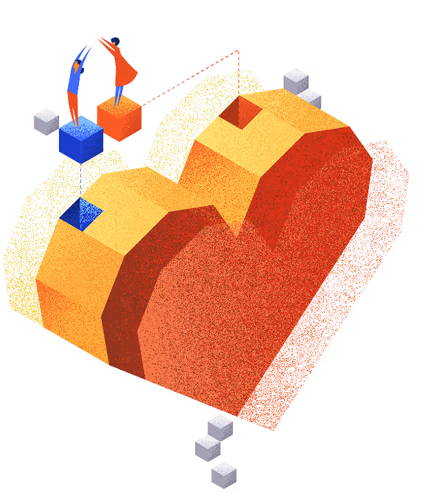 Two stylized human figures standing on colored blocks interacting with a large, abstract mechanical heart with a gear-like design.