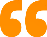 Orange stylized left double quotation mark on a white background.