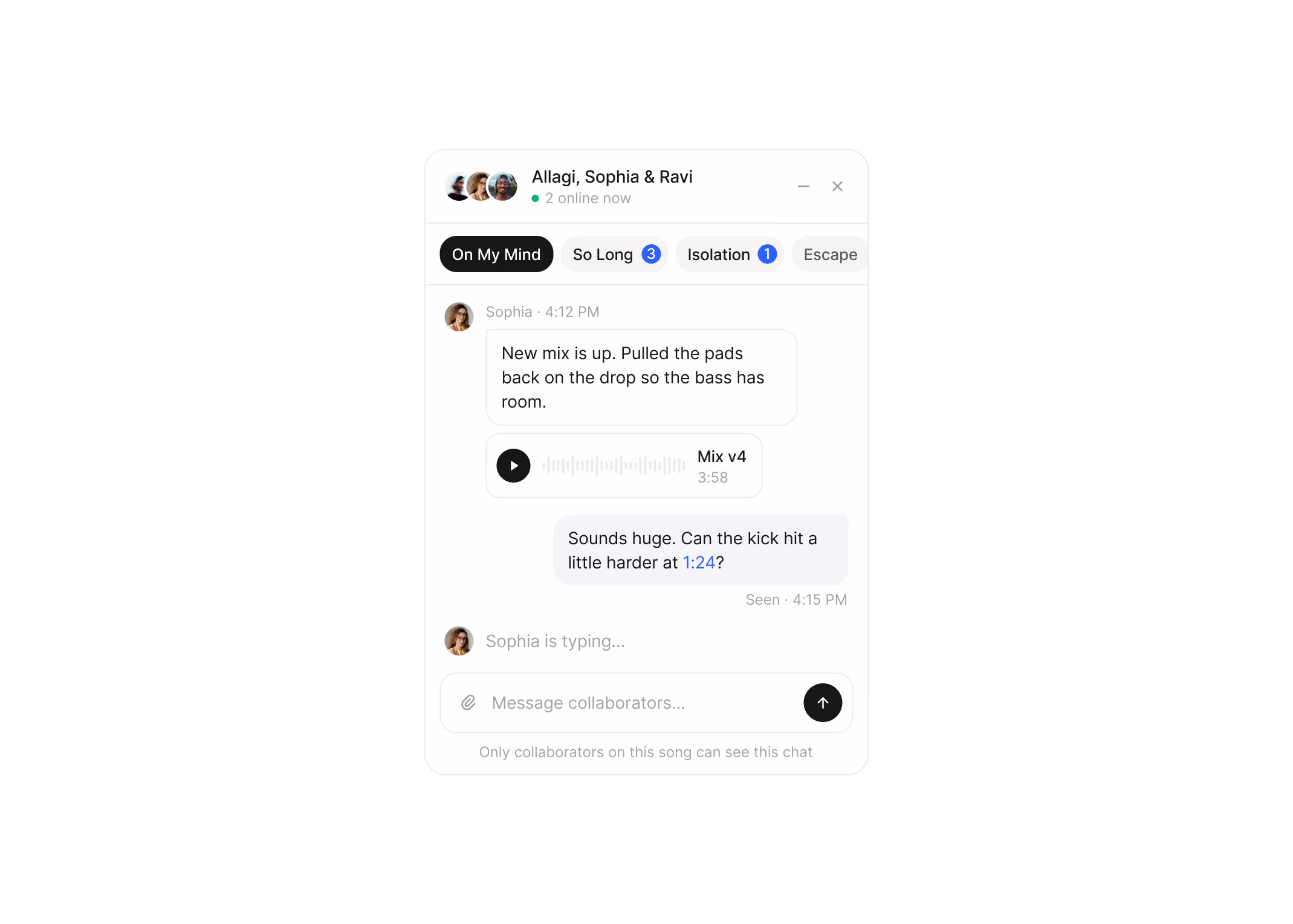 Collaborator chat widget with song tabs and a shared mix file
