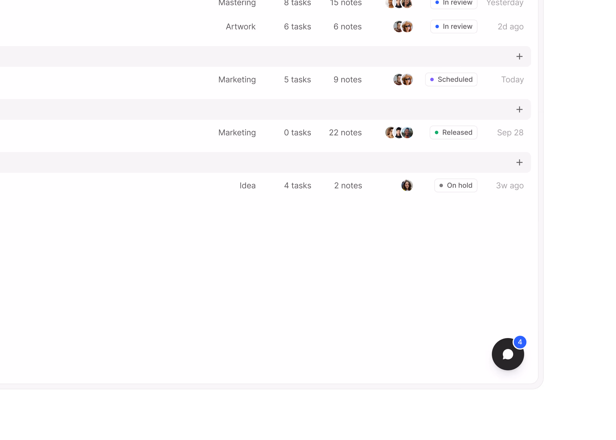 Close-up of the projects list with the collaborator chat button