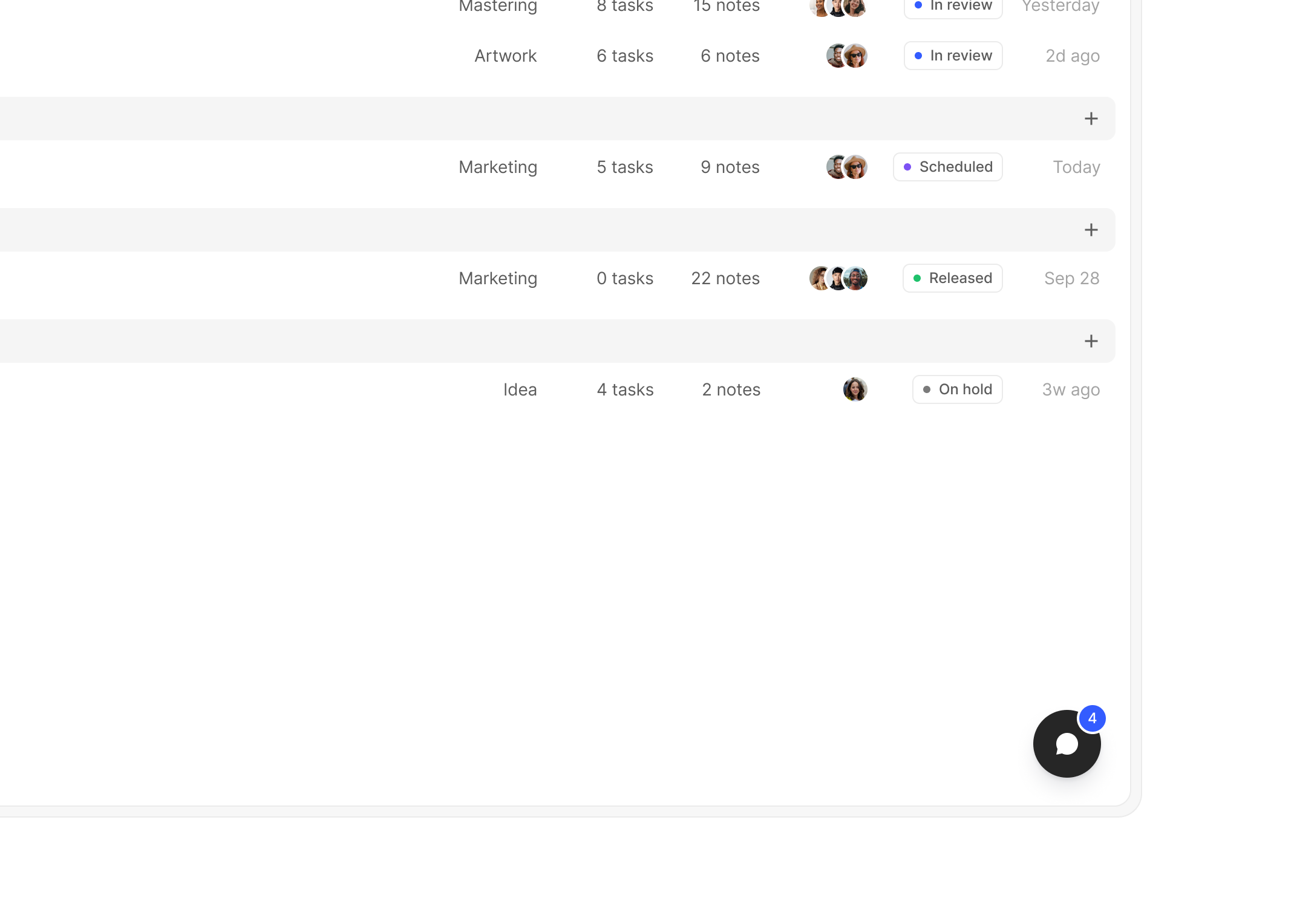 Allagi projects list with collaborator chat open