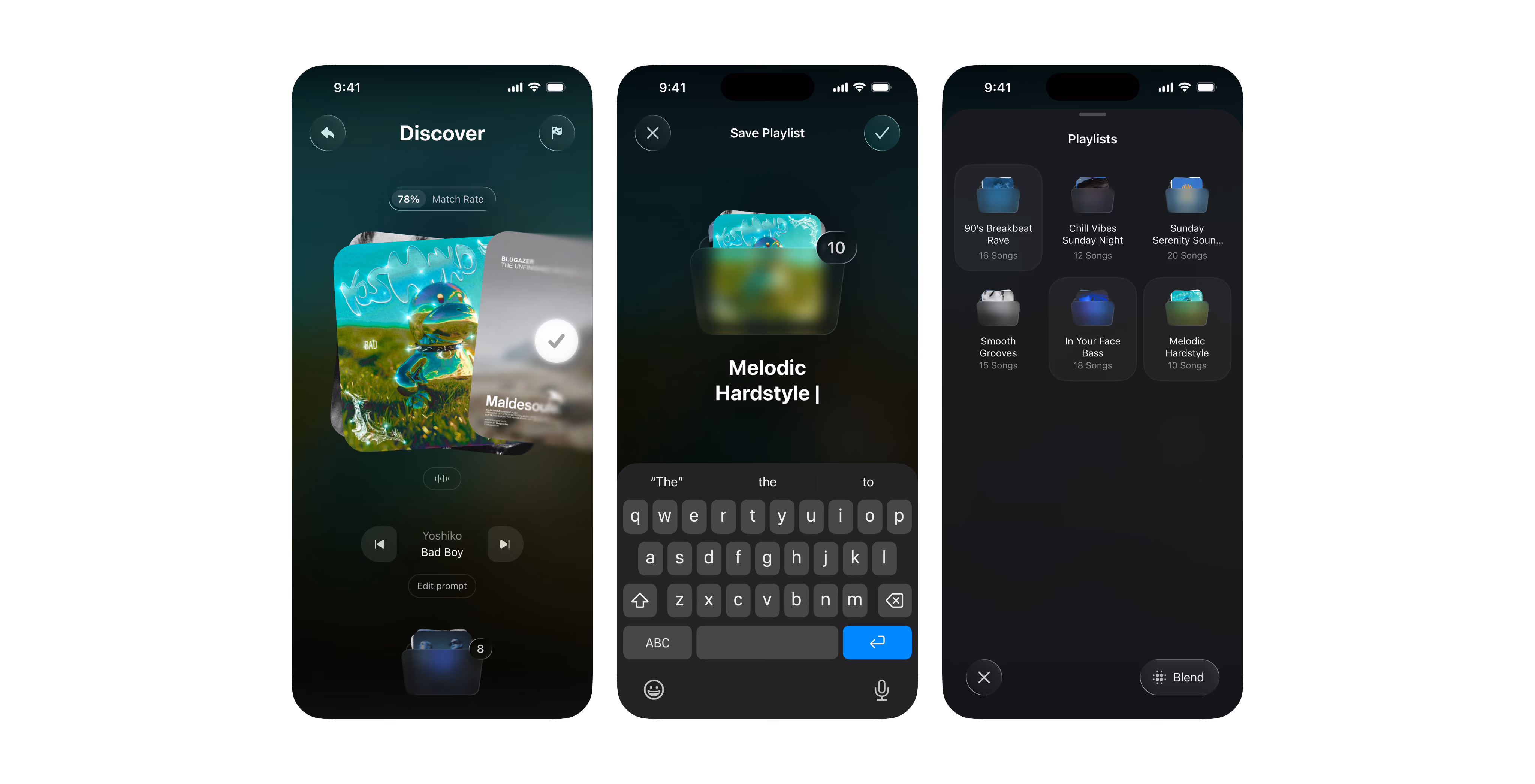 Three screens of a music discovery app: discover, save playlist and playlists