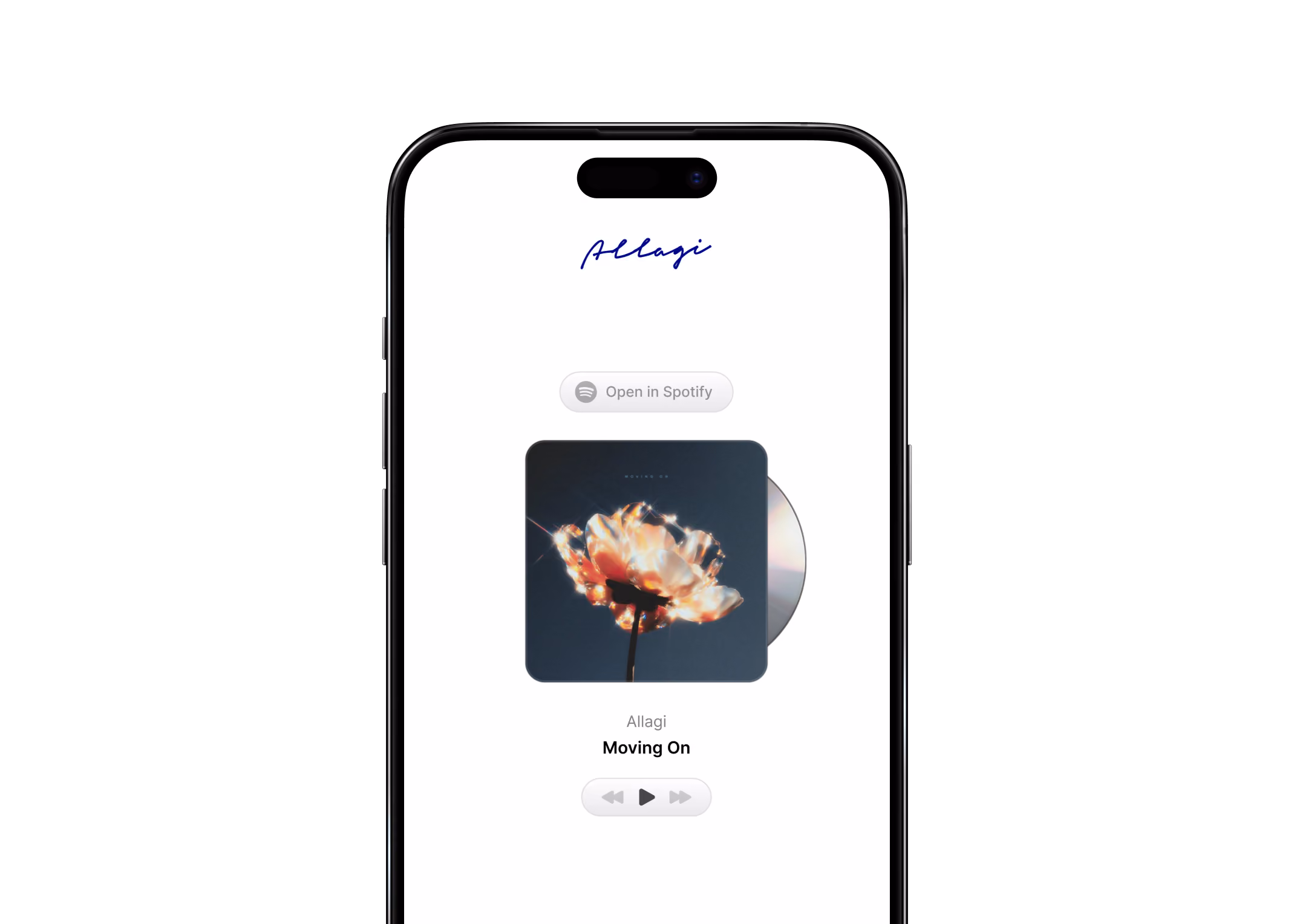 Allagi music website on mobile playing Moving On, with an Open in Spotify button