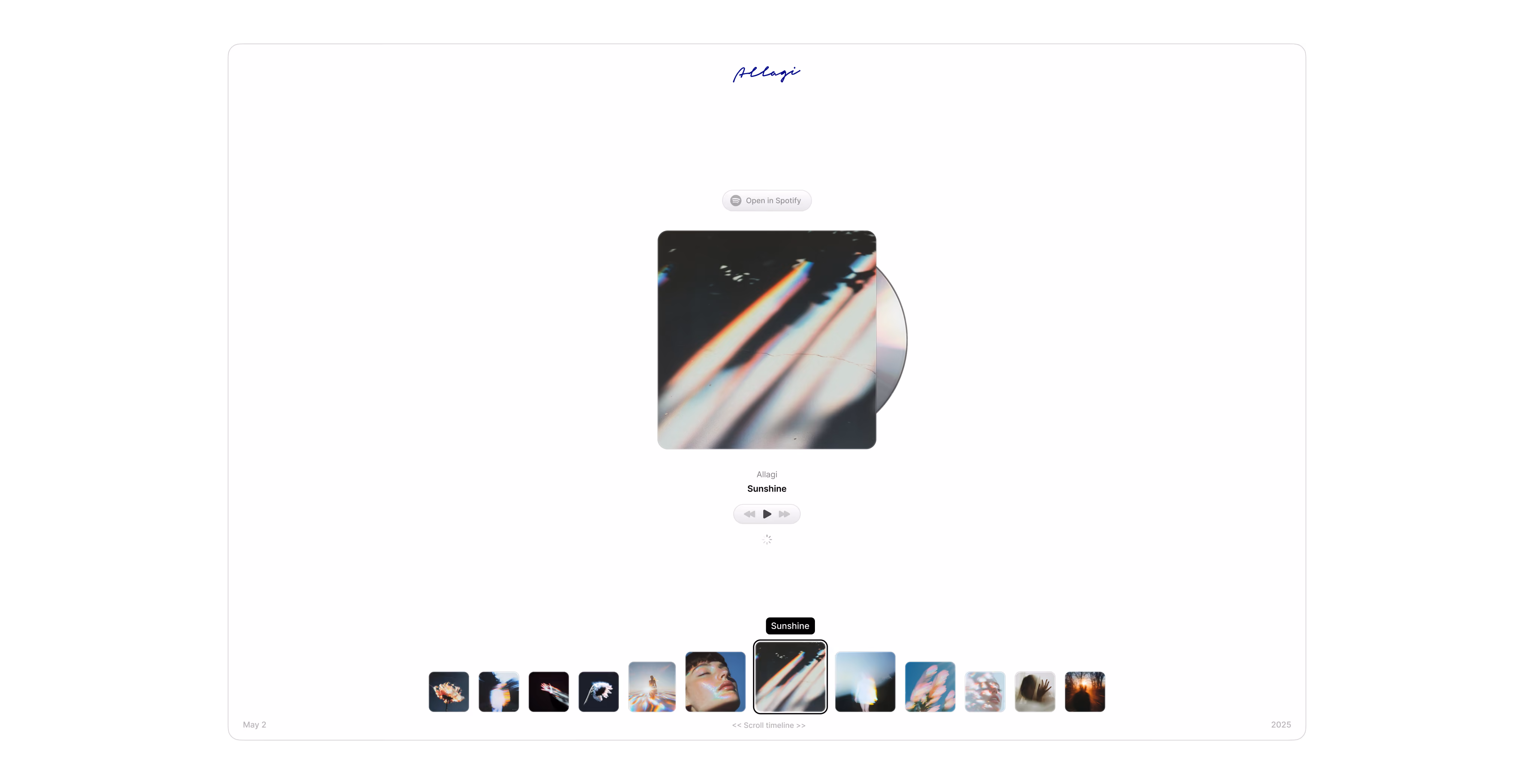 Allagi music website with an album player and track carousel