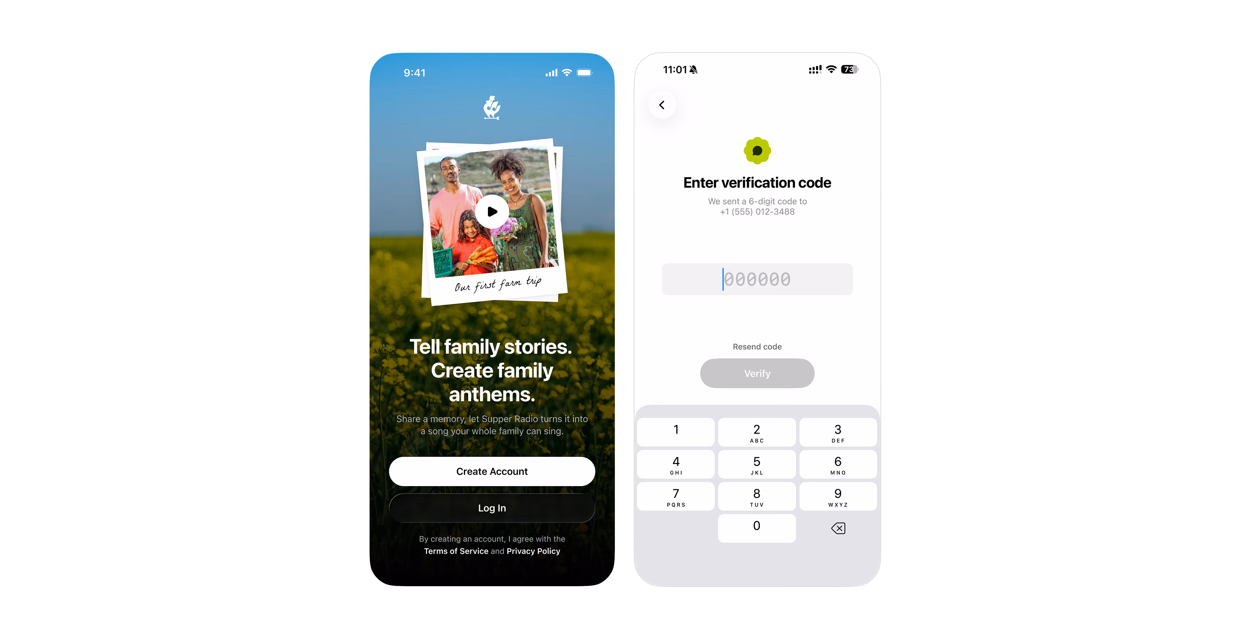 Family stories app onboarding and phone verification screens