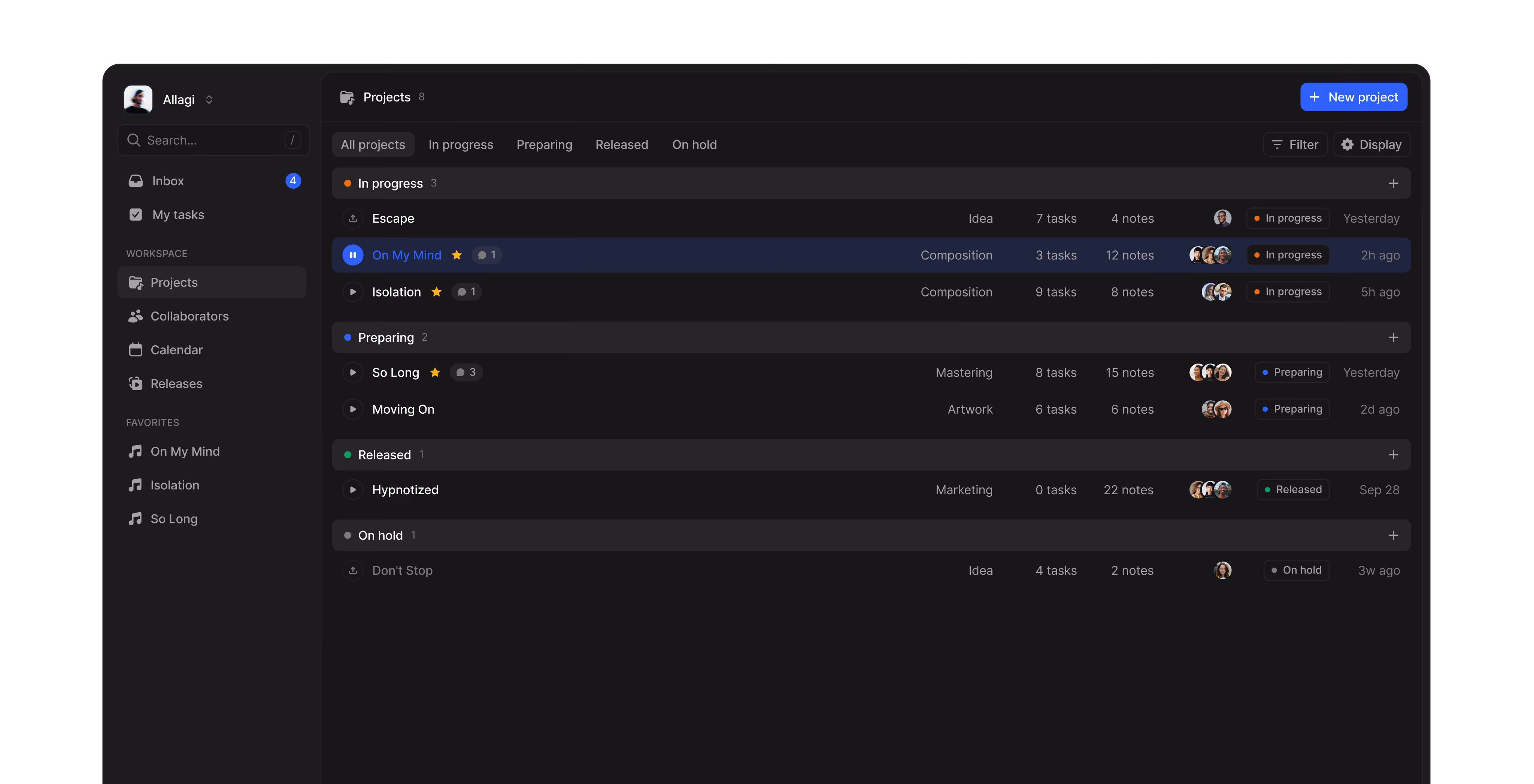 Music project manager app showing a projects list grouped by status