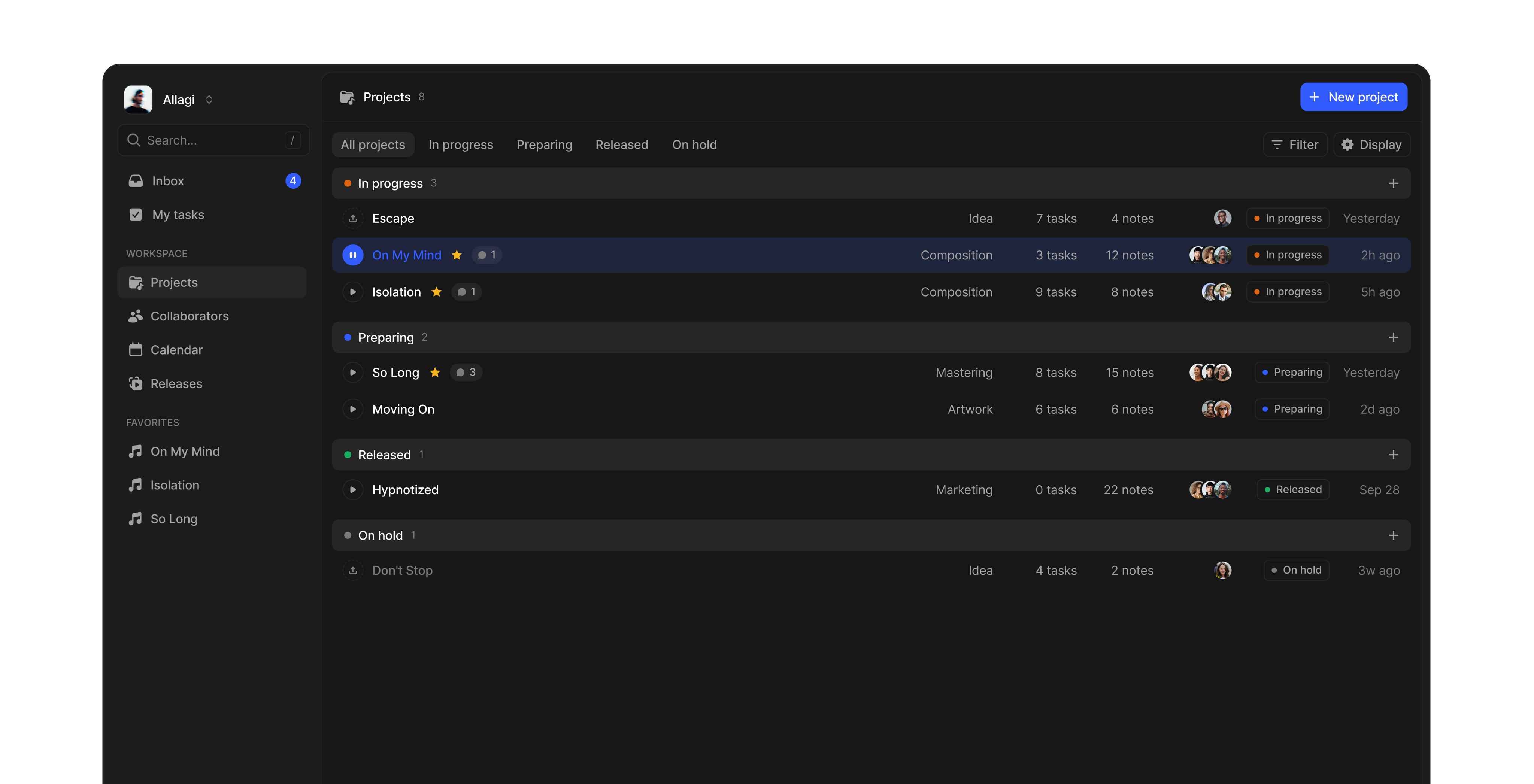 Allagi music project manager — projects list view