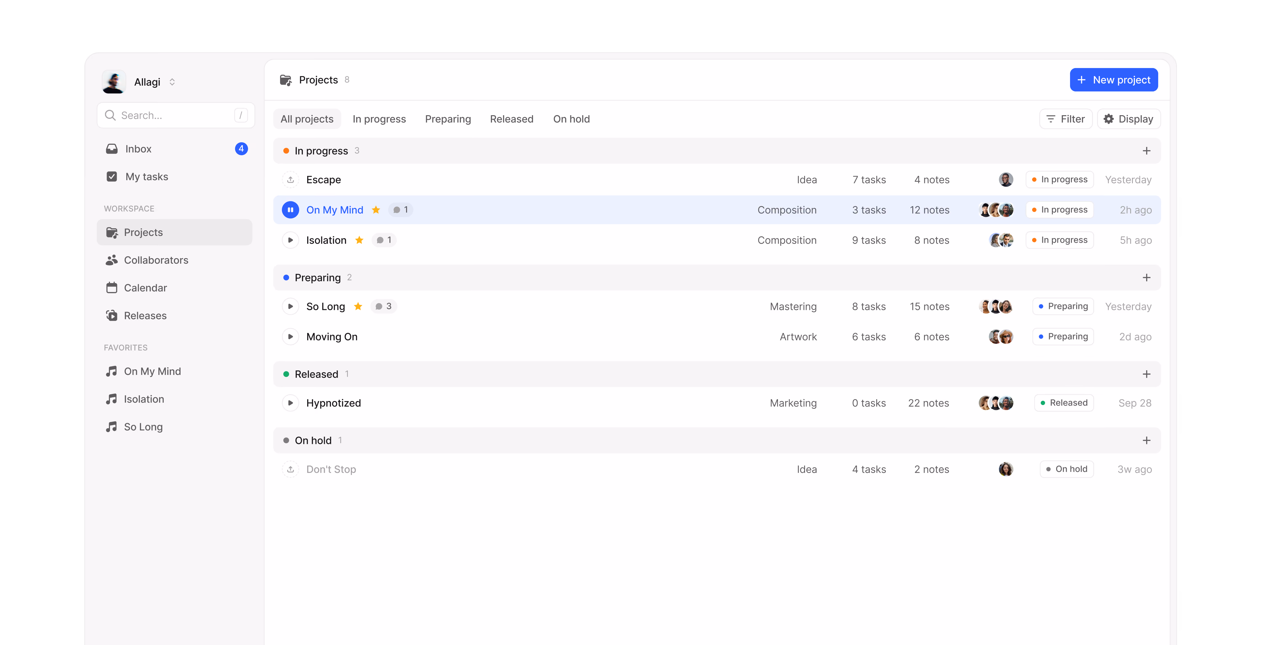 Music project manager app showing a projects list grouped by status