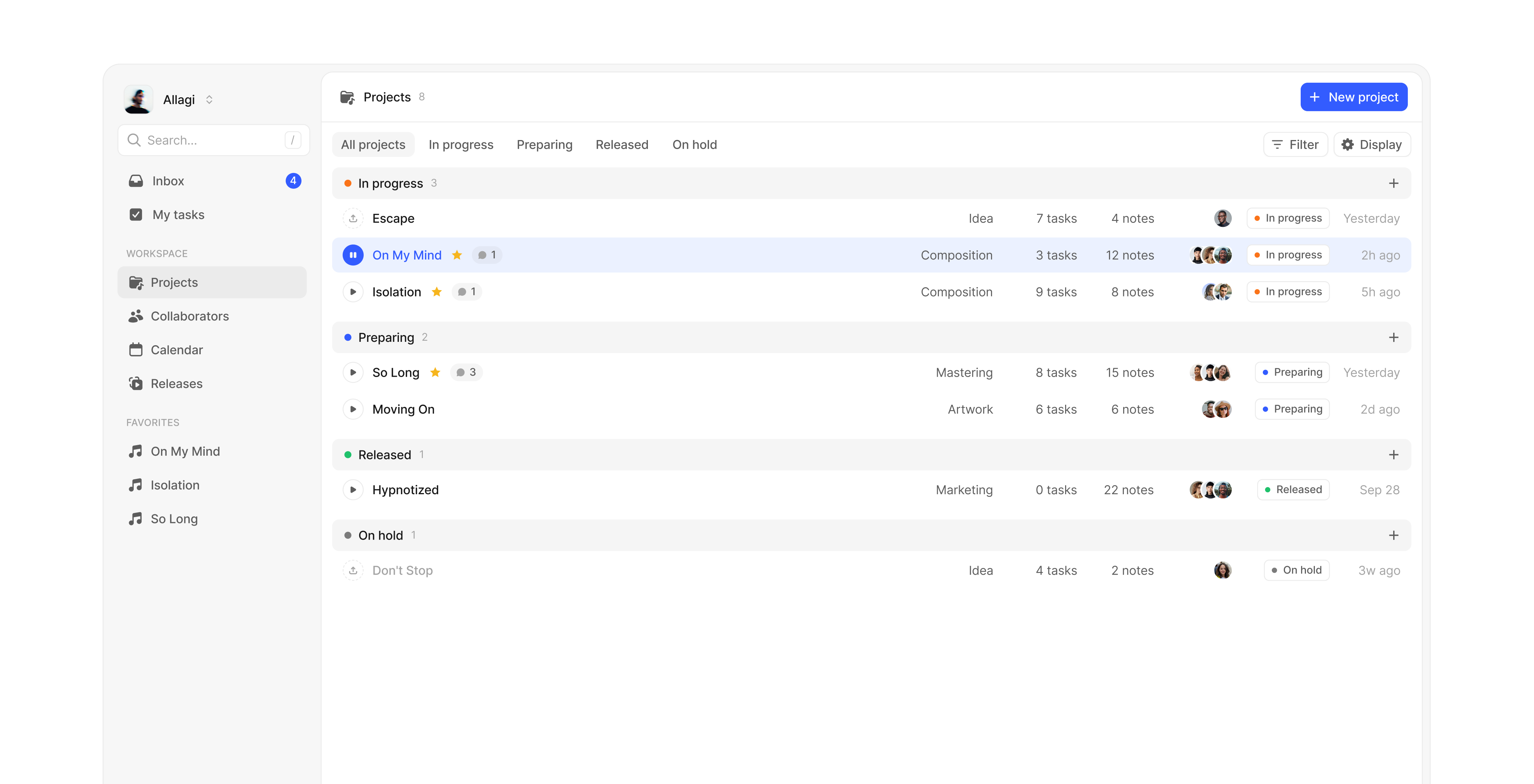 Allagi music project manager — projects list view