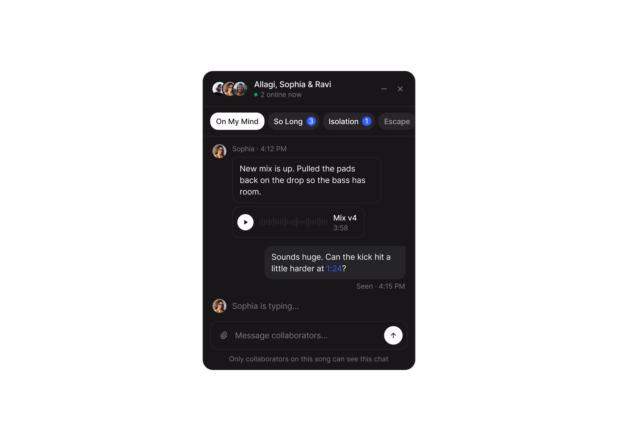 Collaborator chat widget with song tabs and a shared mix file