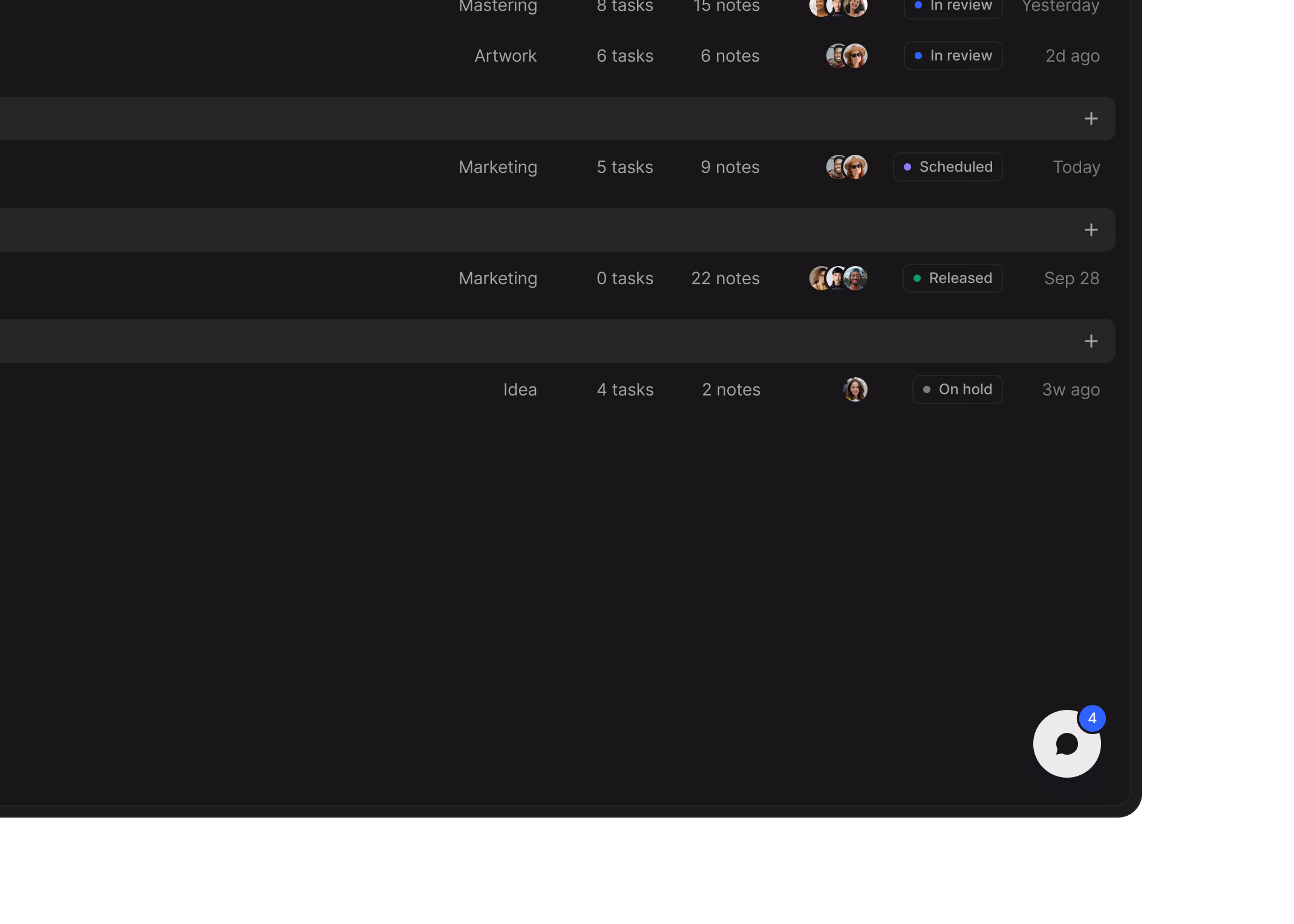 Close-up of the projects list with the collaborator chat button