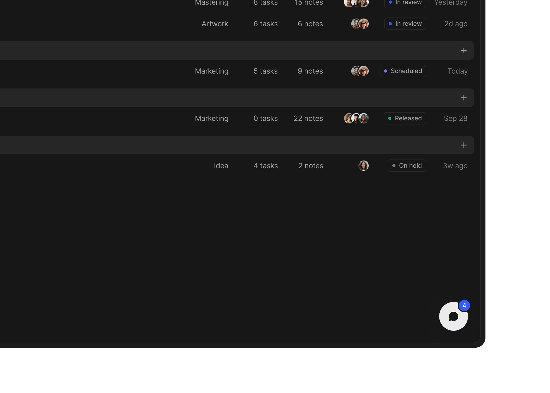 Allagi projects list with collaborator chat open
