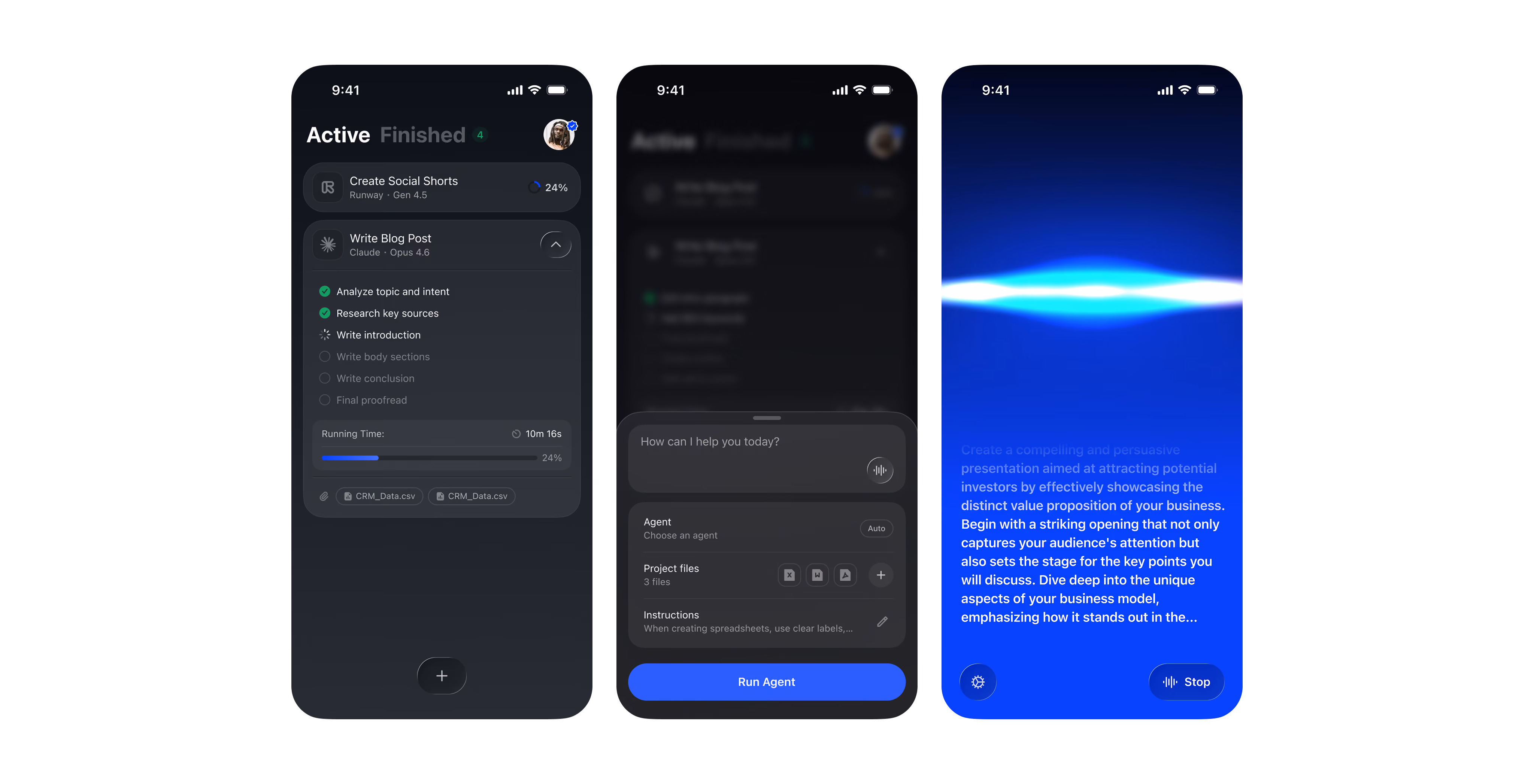 Three screens of an AI agent task app: active tasks, an agent prompt sheet and a voice assistant view