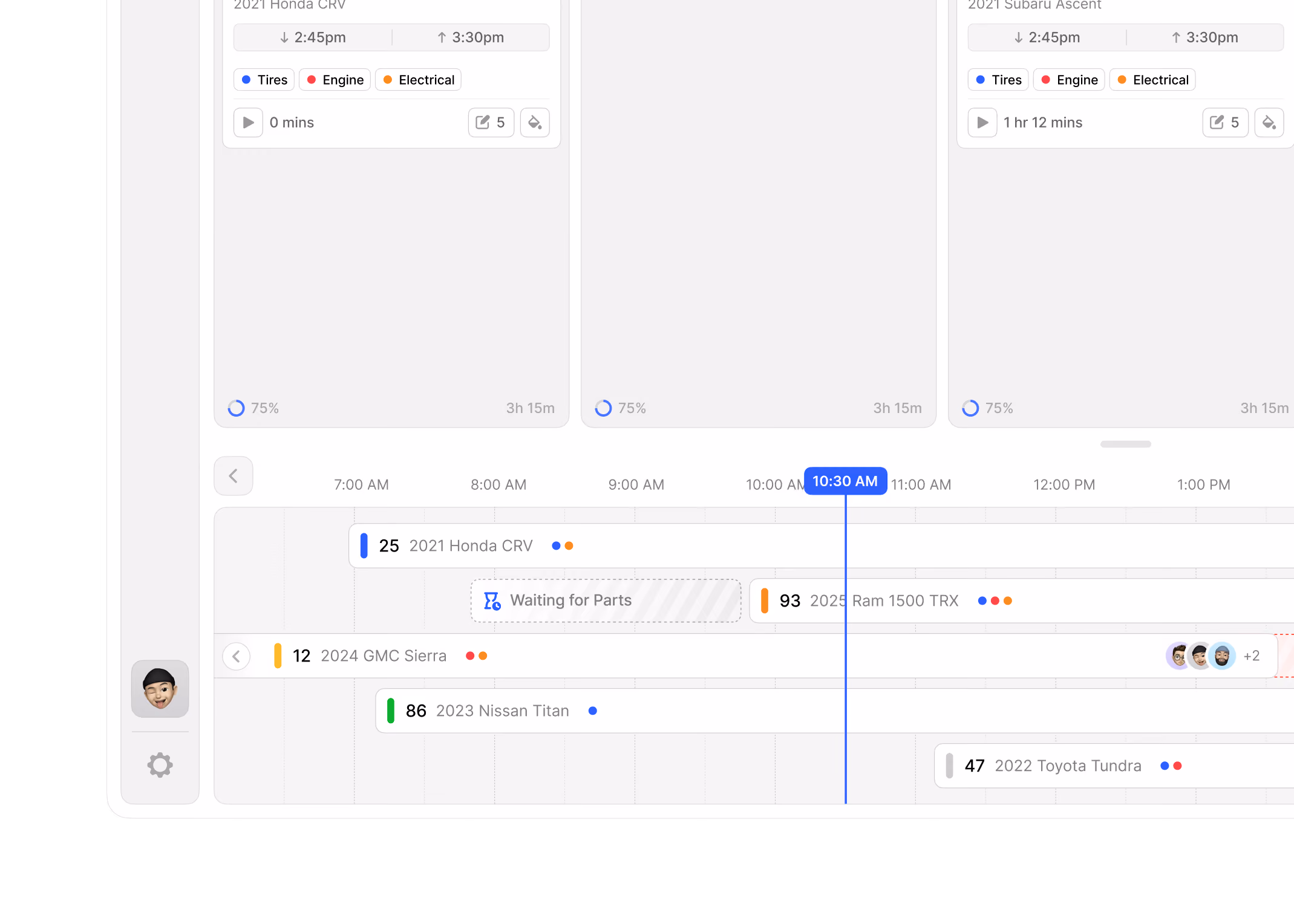 Close-up of the repair shop schedule timeline with vehicle jobs by technician