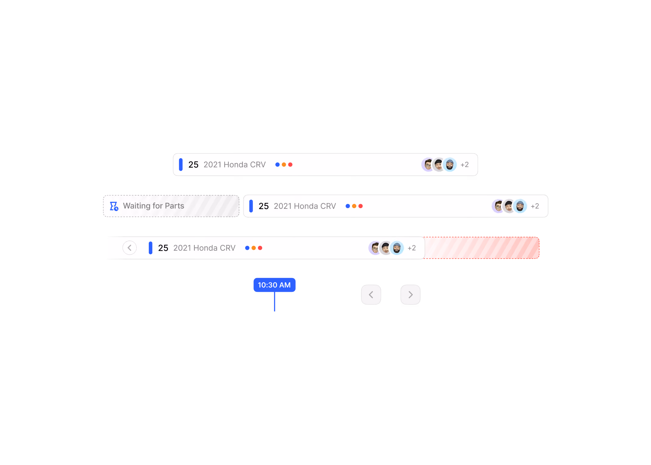 Job board timeline components: vehicle job bars, a waiting for parts state and the current time marker