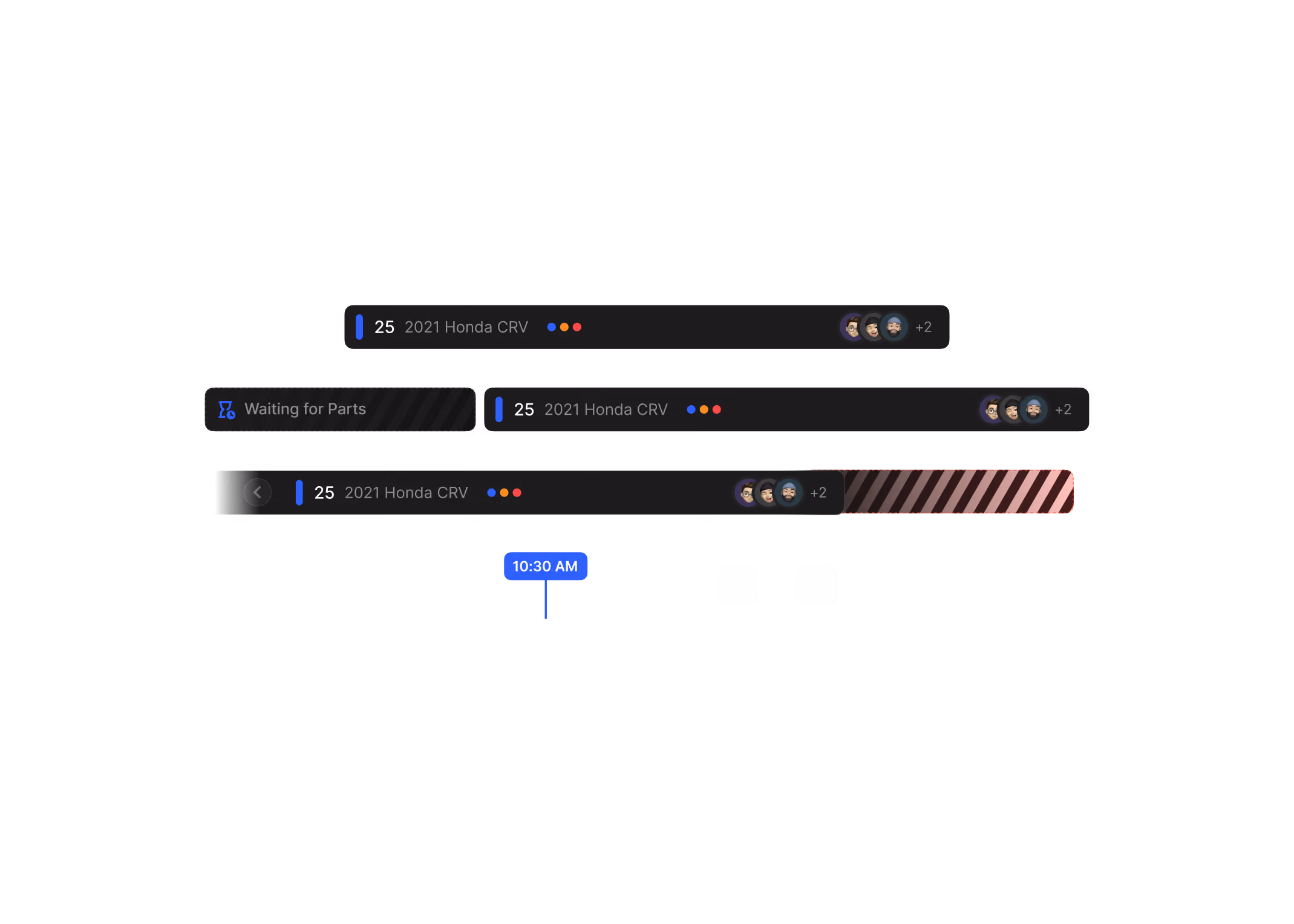 Job board timeline components: vehicle job bars, a waiting for parts state and the current time marker
