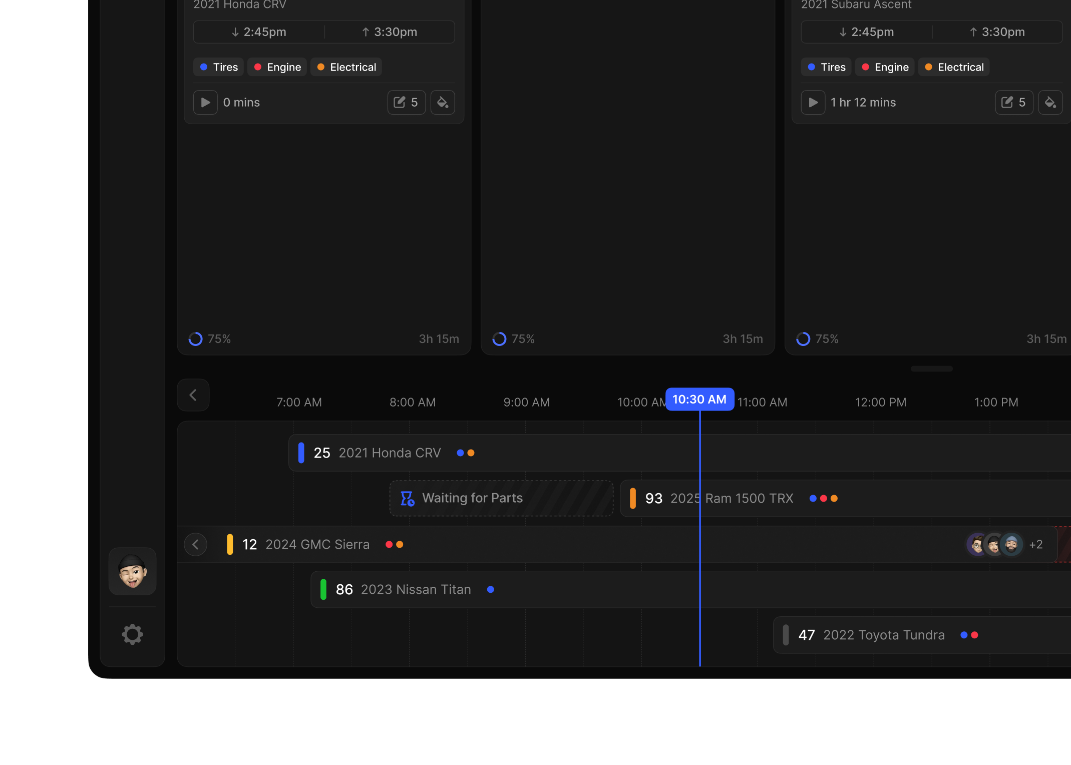 Close-up of the repair shop schedule timeline with vehicle jobs by technician