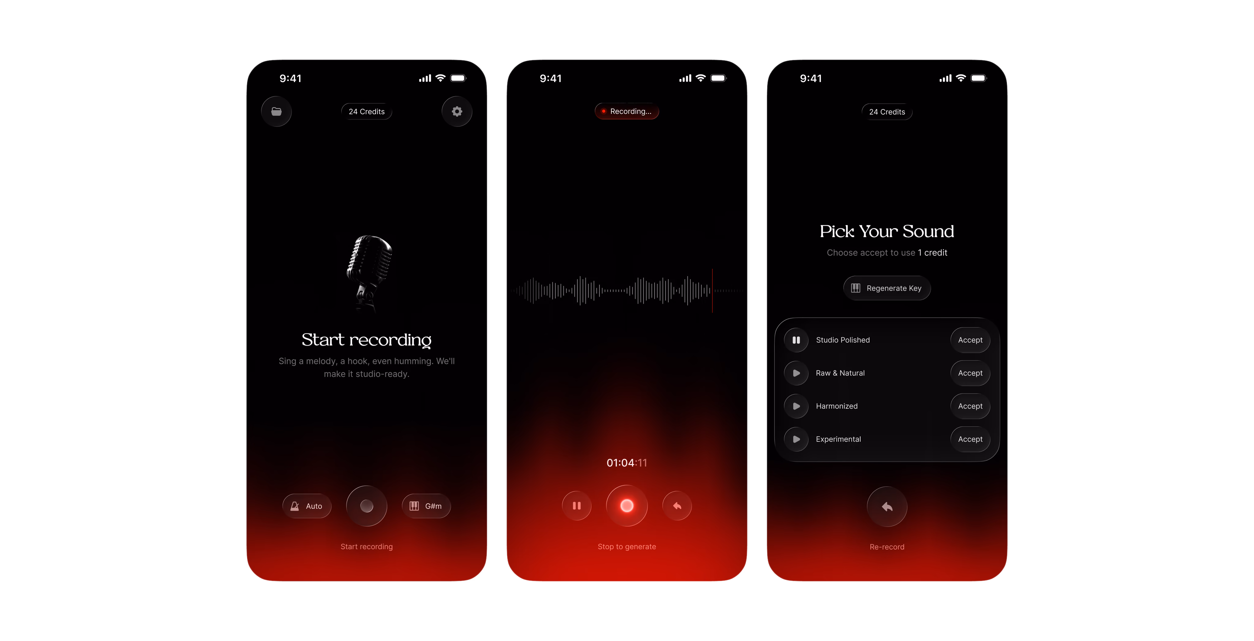 Three screens of an AI music creation app: start recording, recording in progress and pick your sound