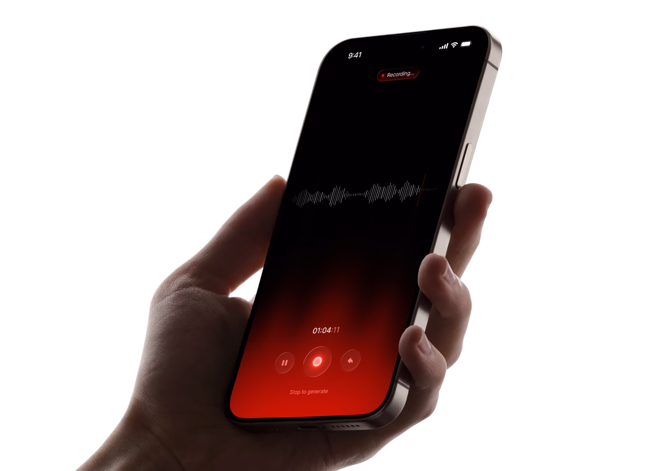 Hand holding a phone showing the voice recording screen