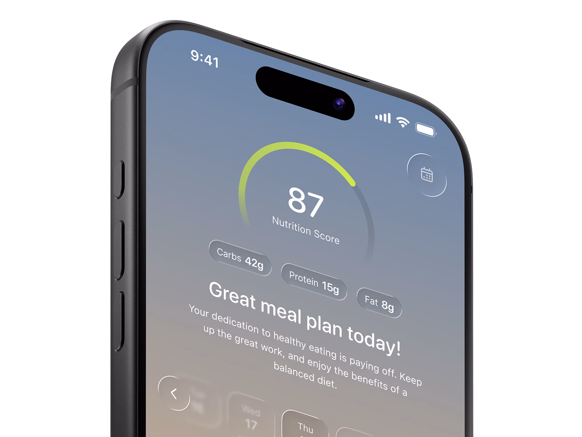 Meal planning app nutrition score with carbs, protein and fat