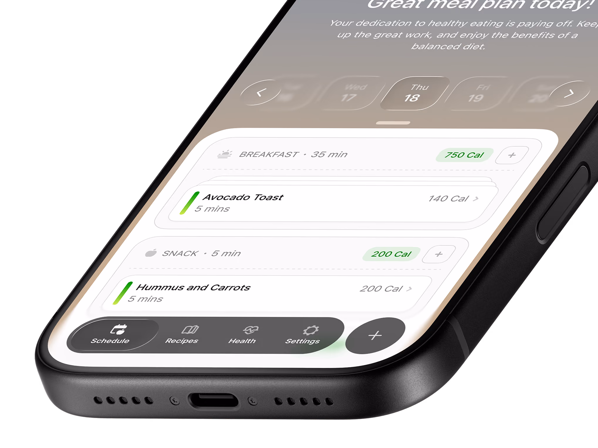 Meal schedule with breakfast and snack entries and bottom navigation