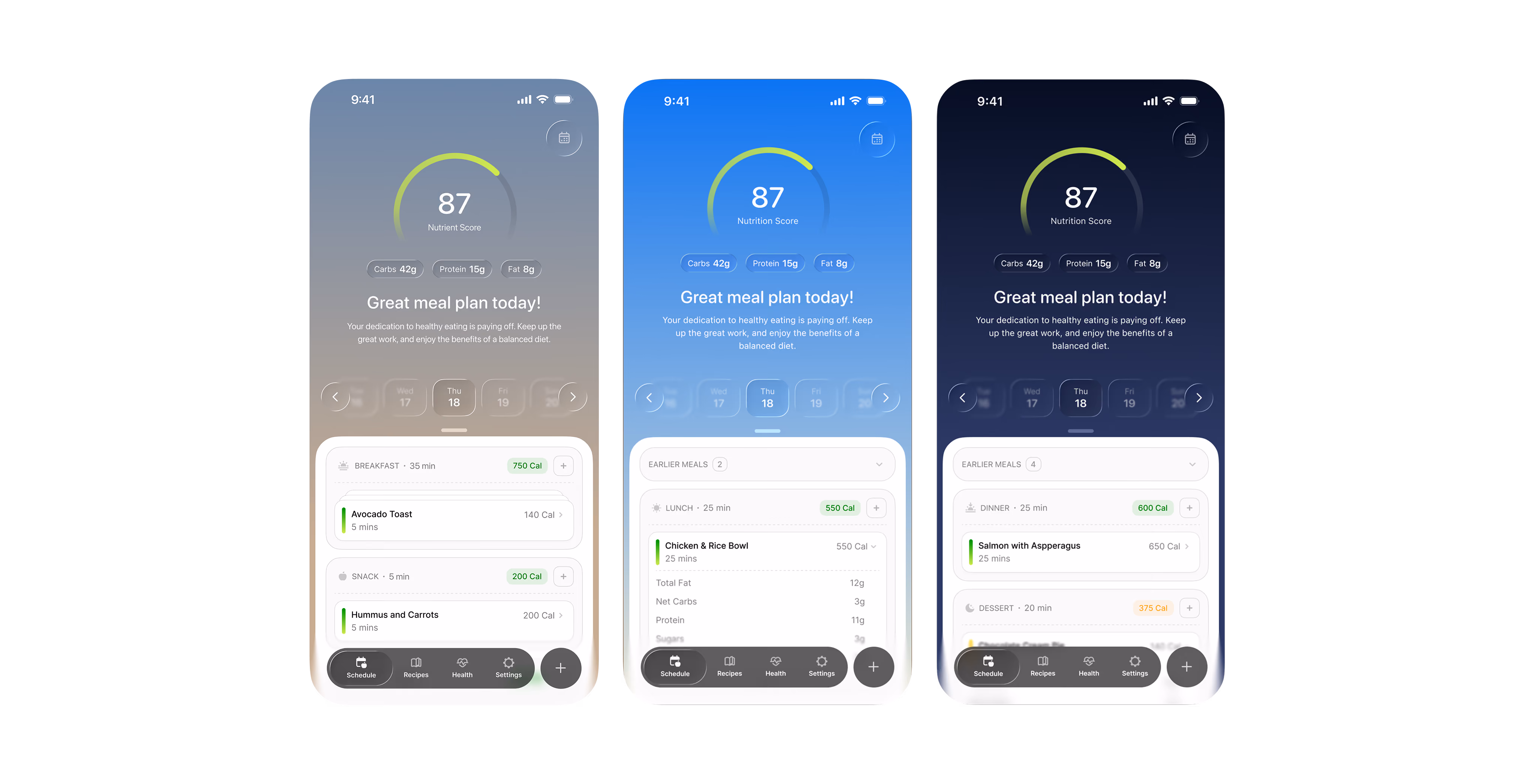 Meal planning app home screen in three color themes, with nutrition score and daily meals