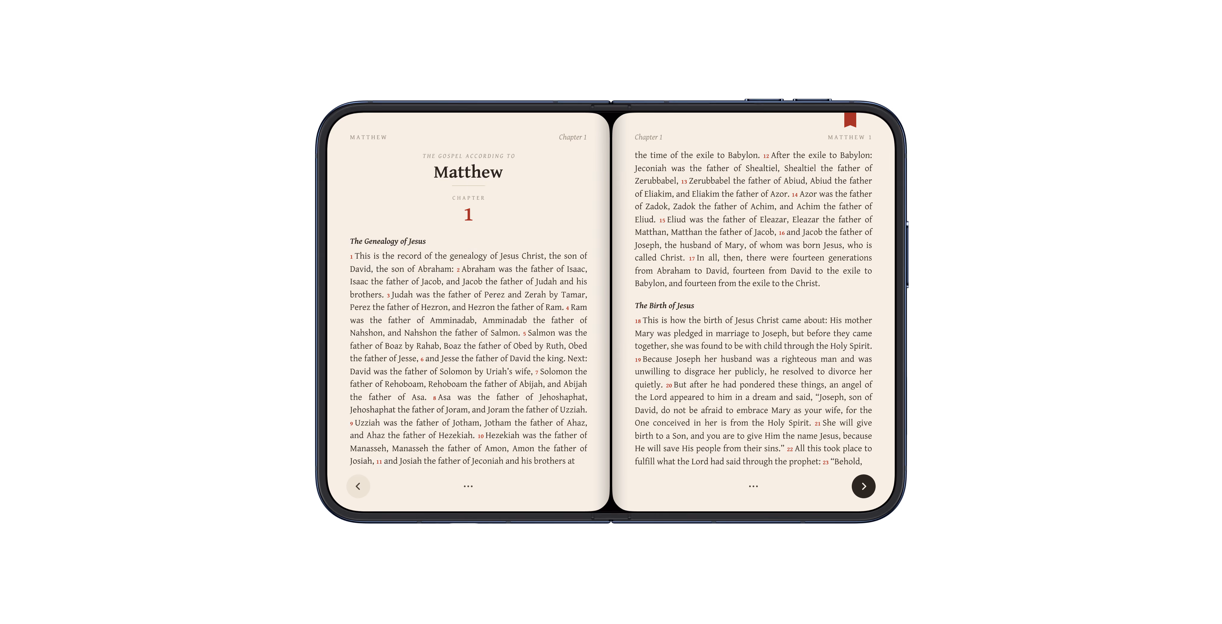 Bible reading app on a foldable phone showing Matthew chapter 1 across two pages