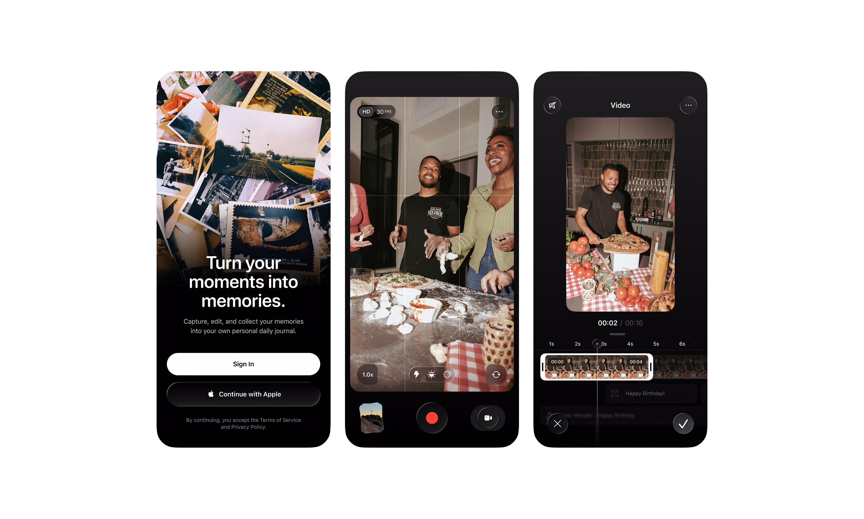 Three screens of a video journal app: welcome, camera capture and video trim