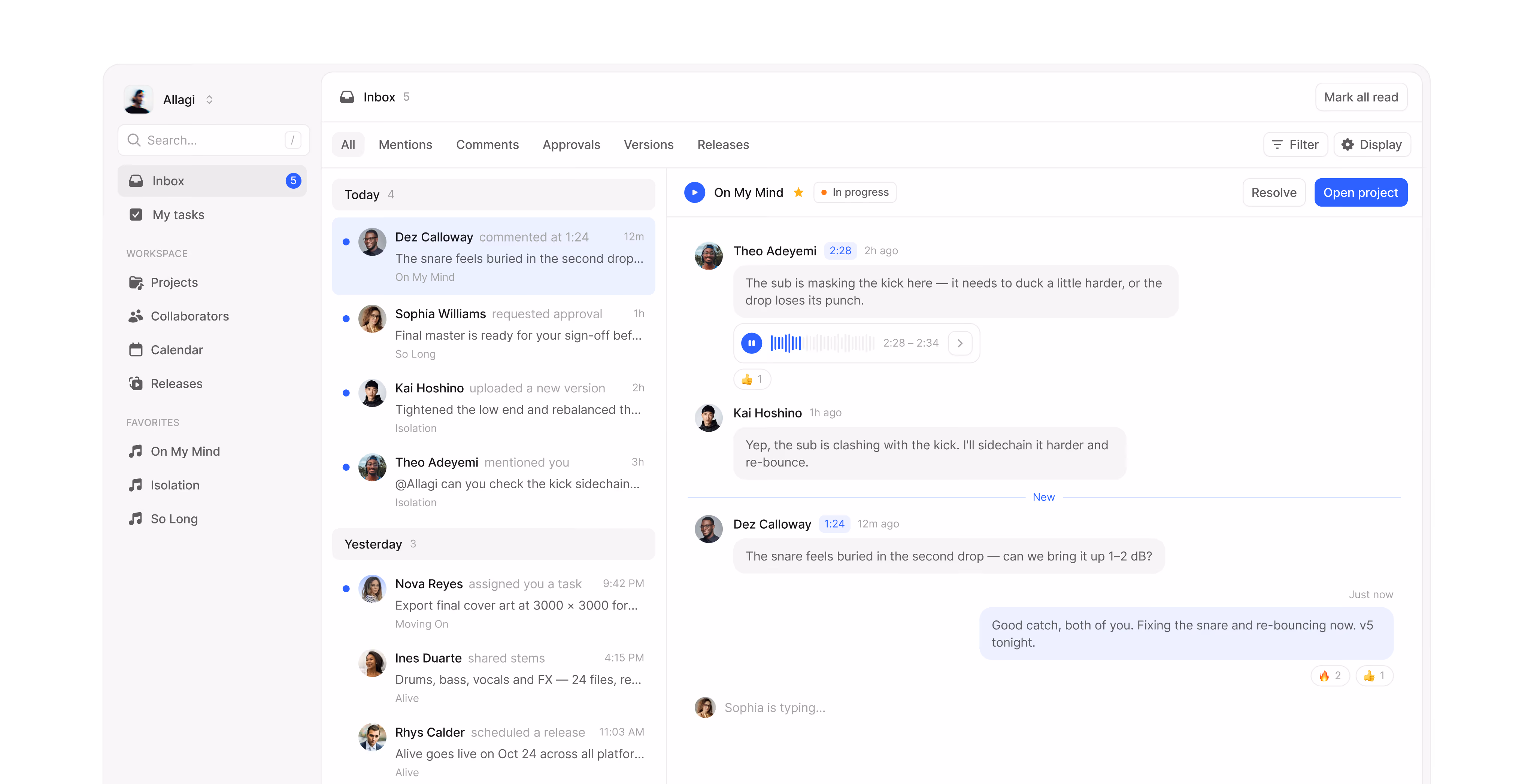Music project manager inbox with mentions, comments and a track feedback thread
