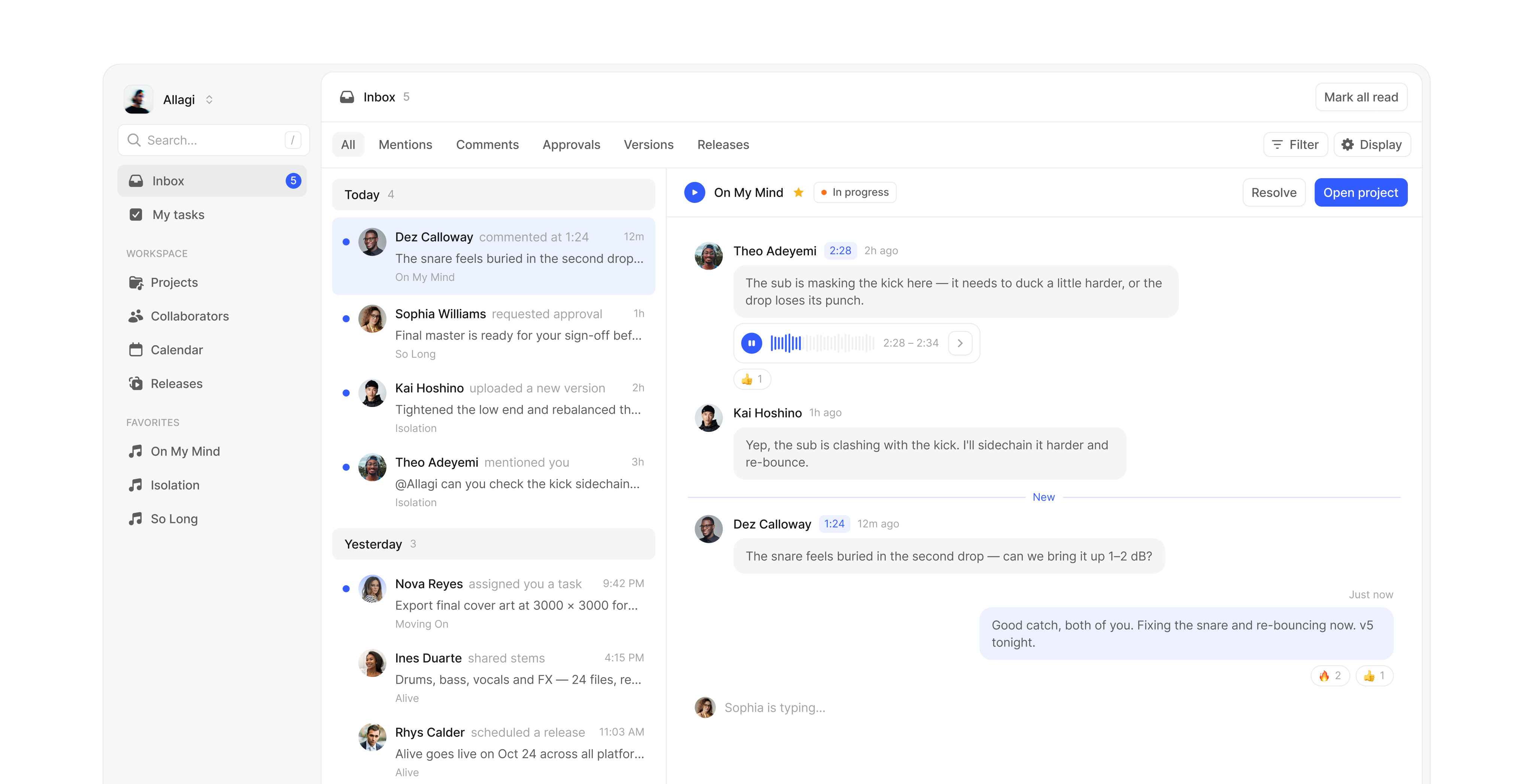Allagi music project manager — projects list view