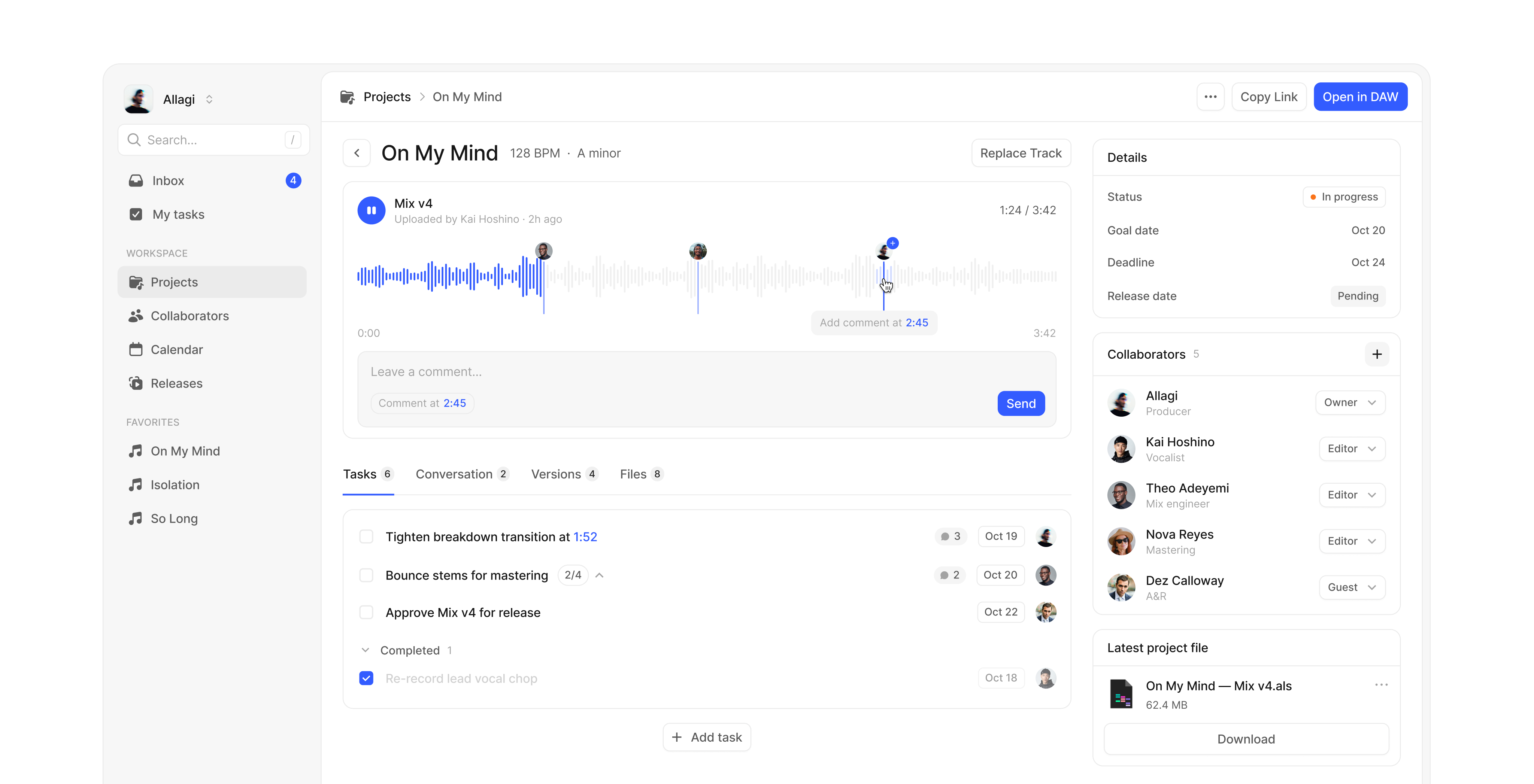 Allagi music project manager — projects list view
