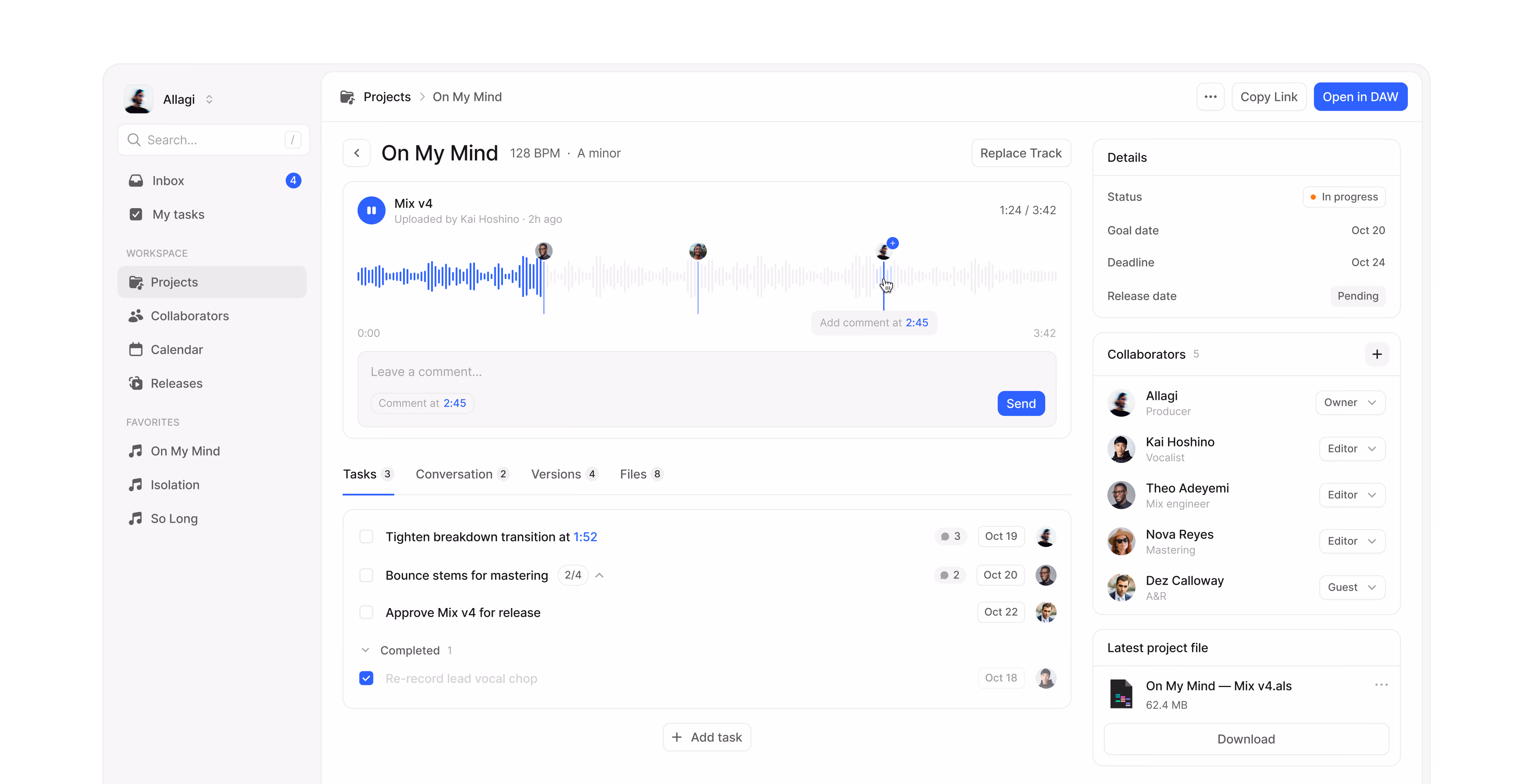 Song detail page with waveform comments, tasks and collaborators