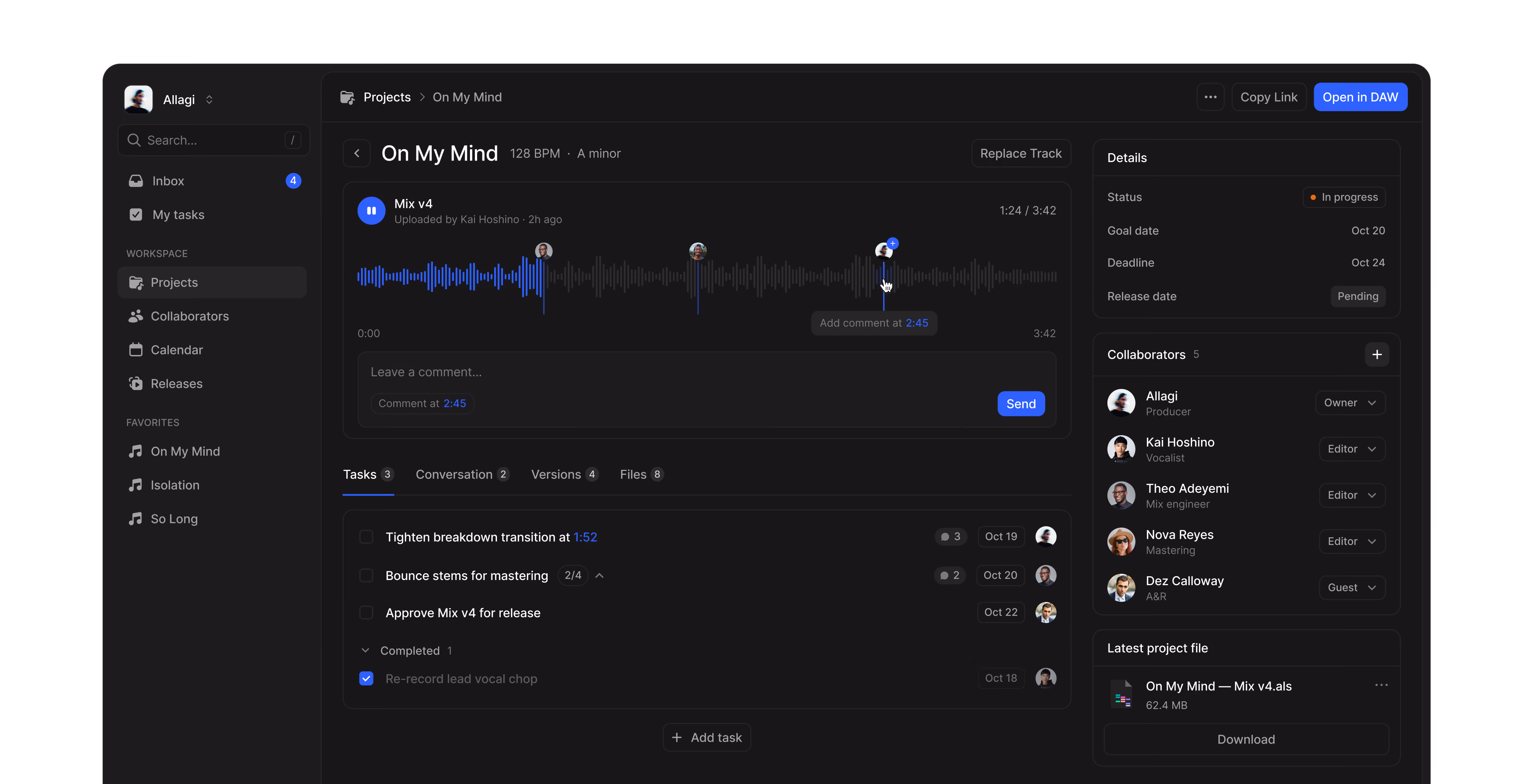 Song detail page with waveform comments, tasks and collaborators