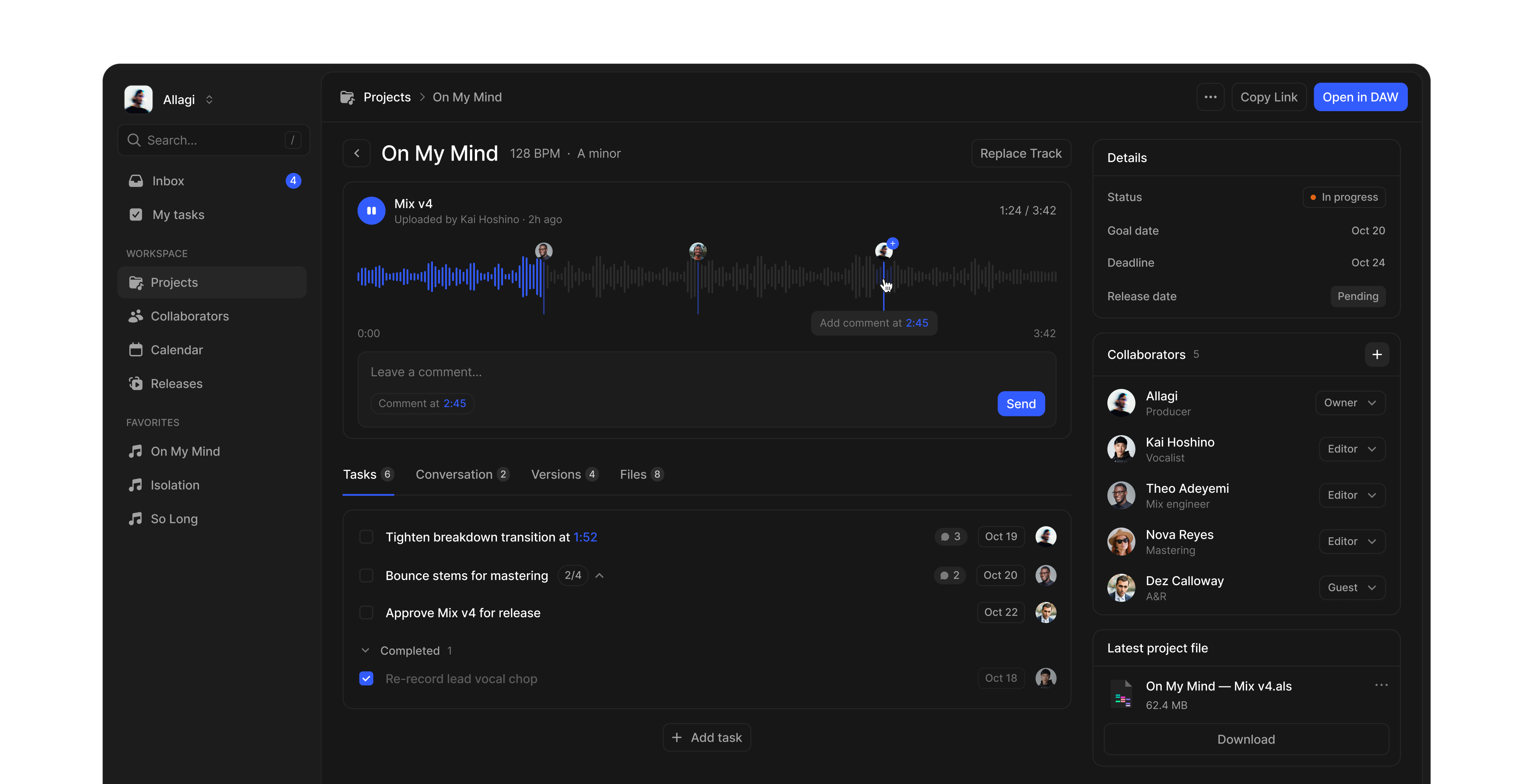 Allagi music project manager — projects list view