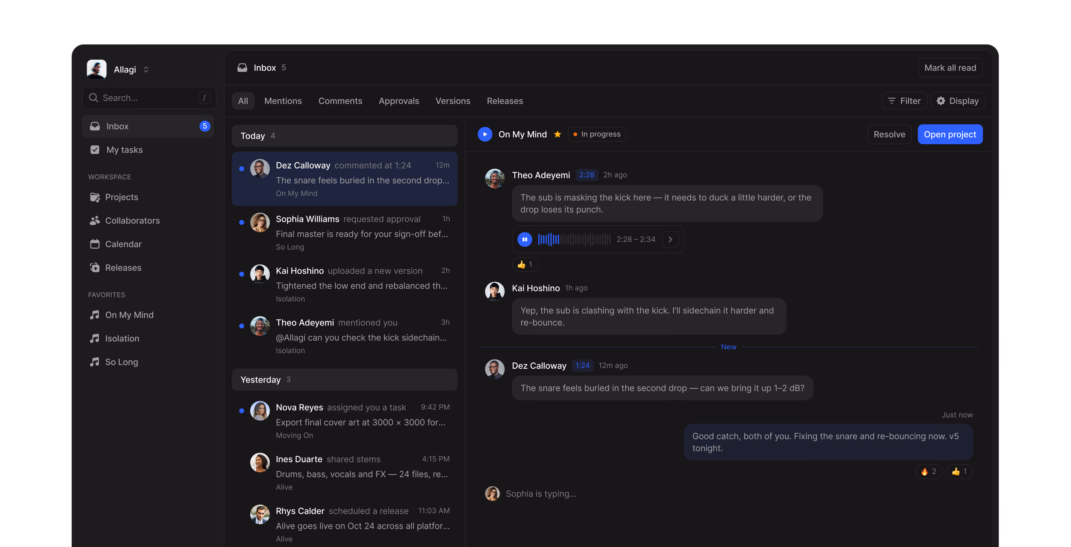 Music project manager inbox with mentions, comments and a track feedback thread