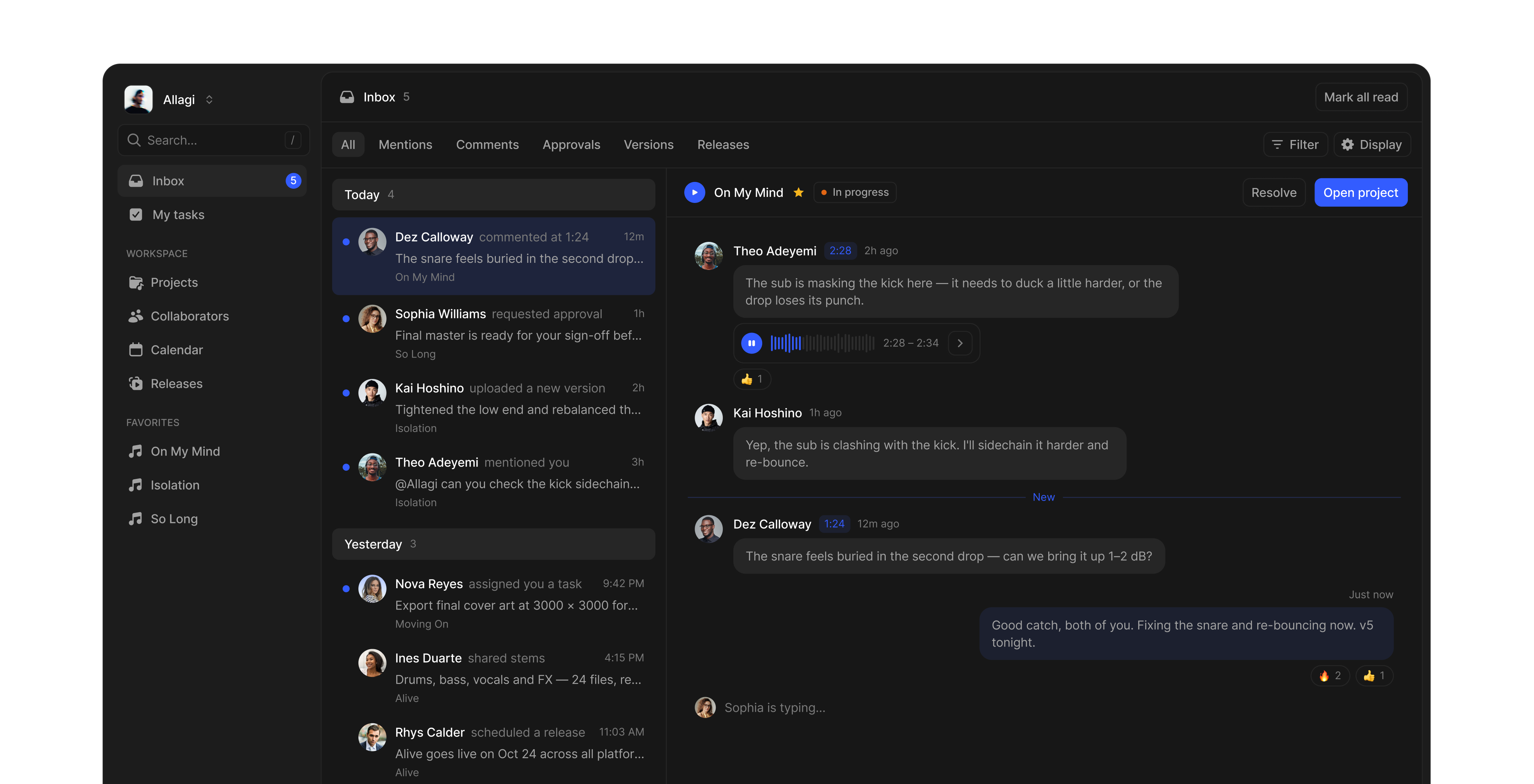 Allagi music project manager — projects list view
