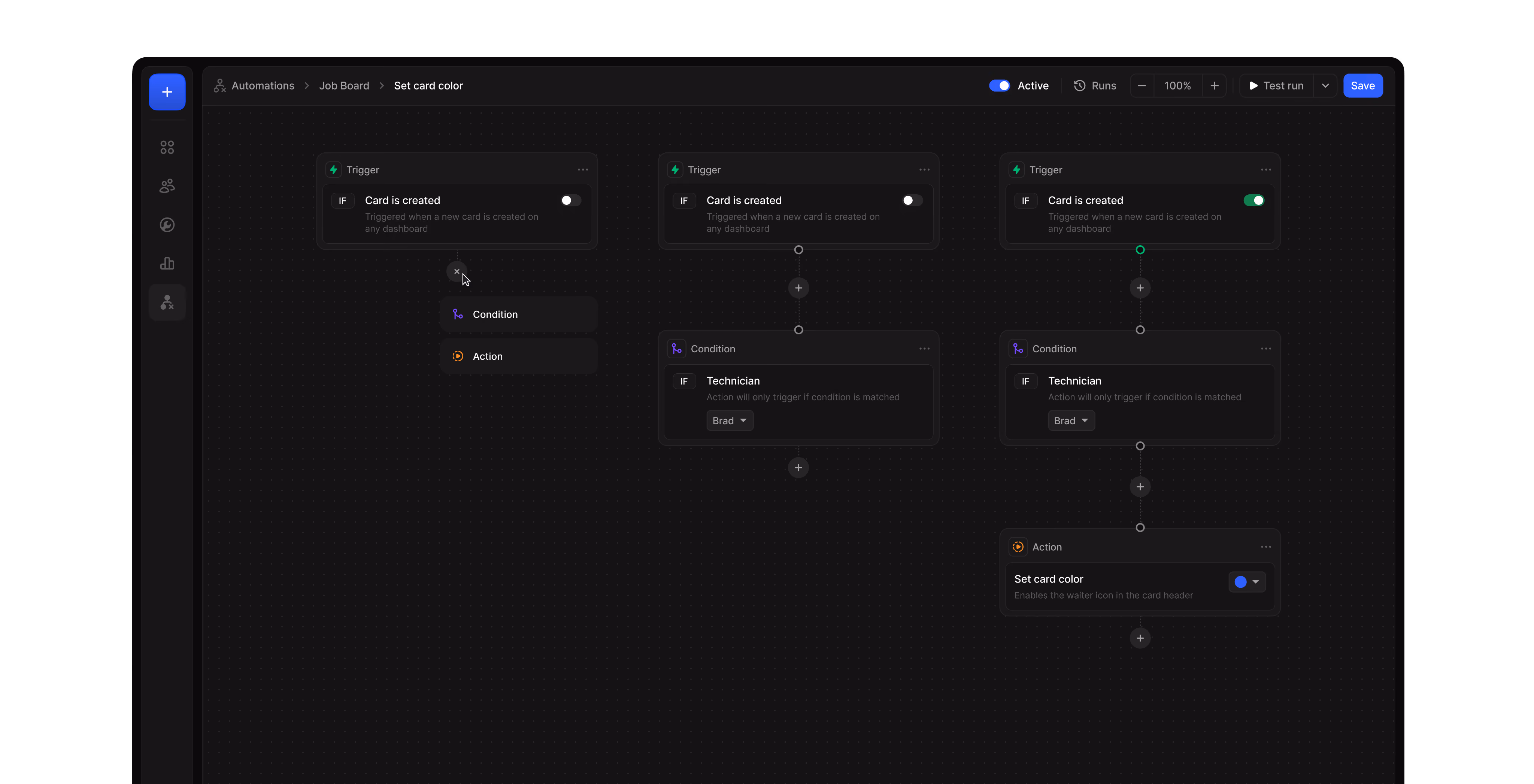 Workflow automation builder with trigger, condition and action steps for job cards