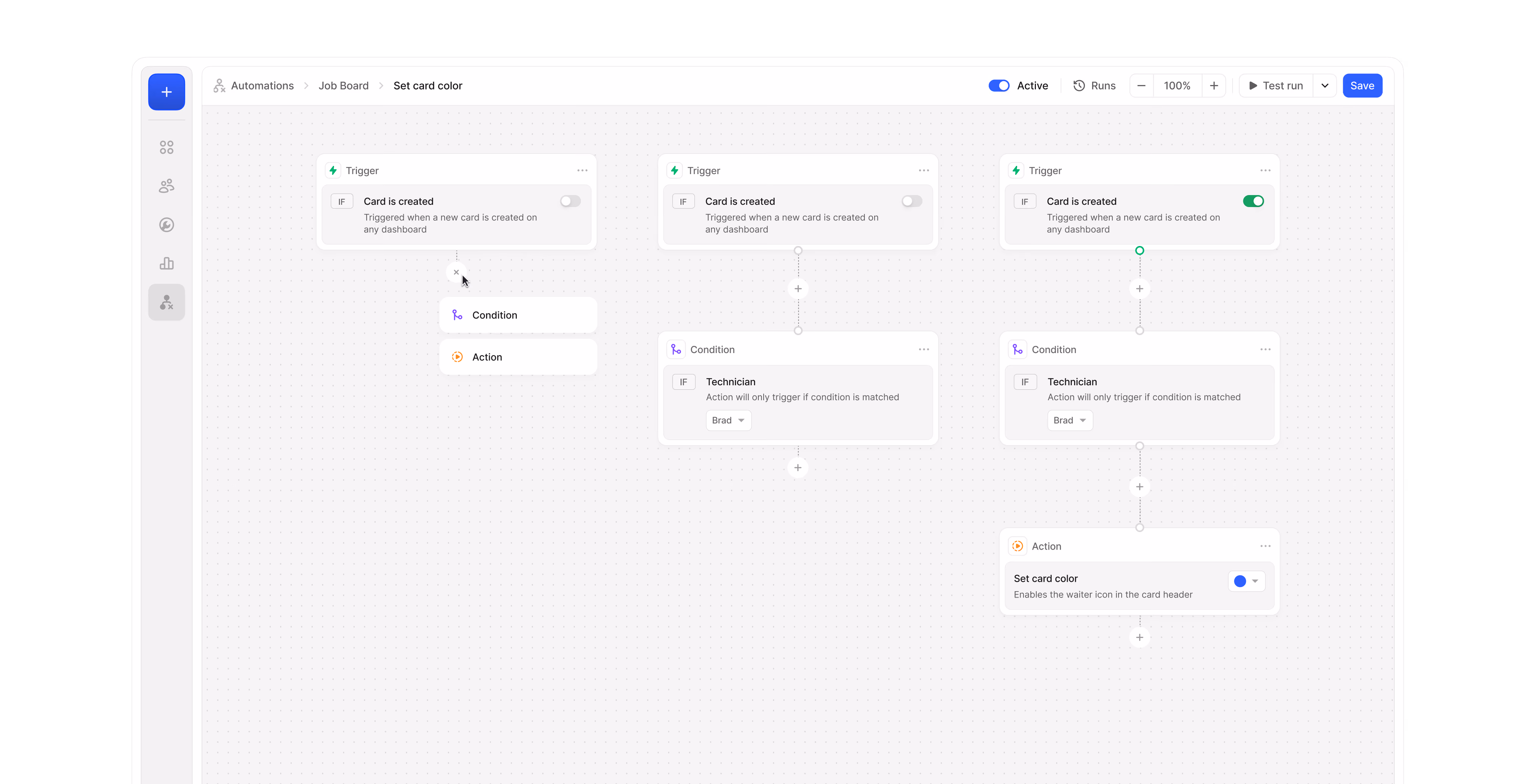 Workflow automation builder with trigger, condition and action steps for job cards