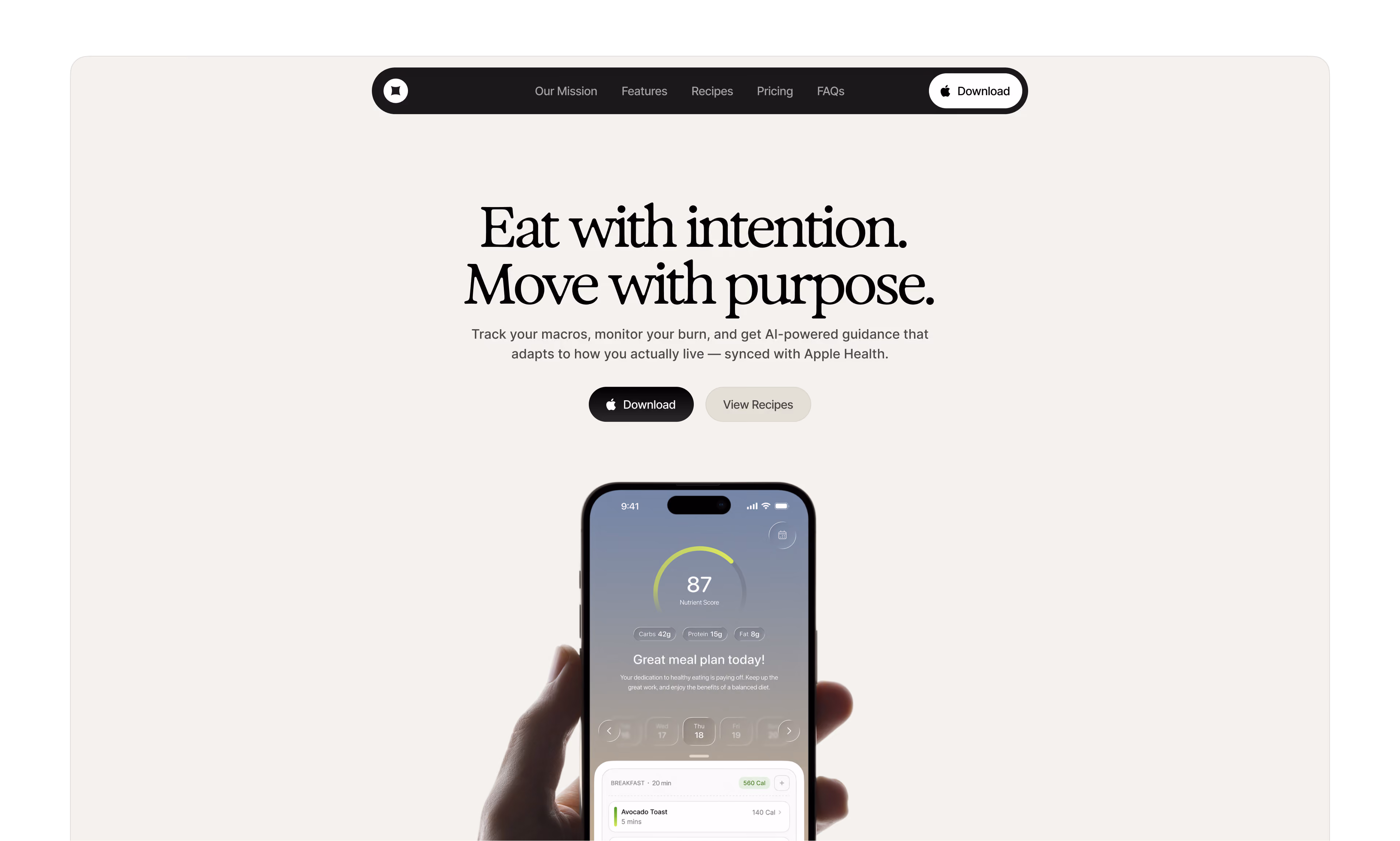 Meal planning app landing page with hero headline and phone mockup