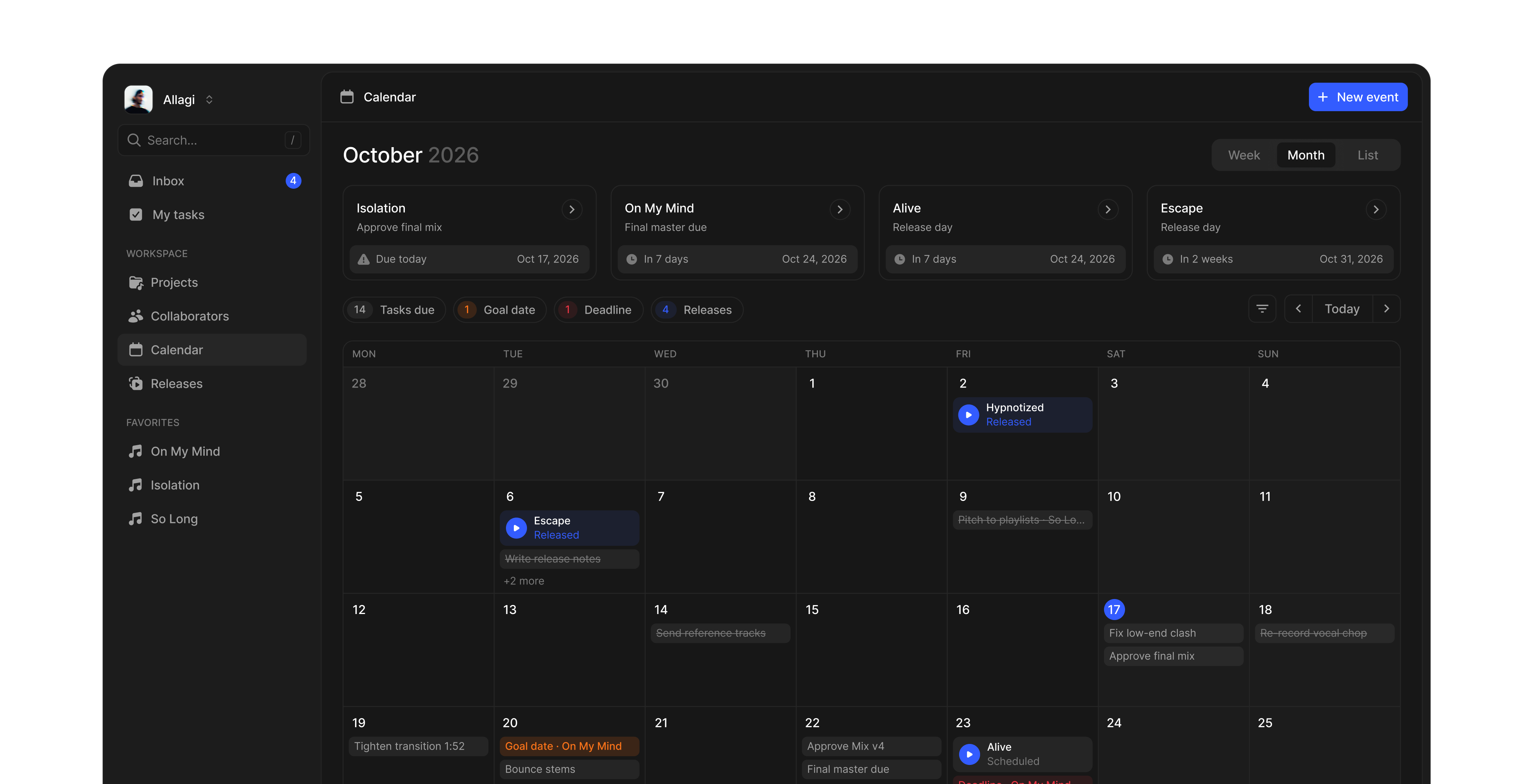 Song detail page with waveform comments, tasks and collaborators