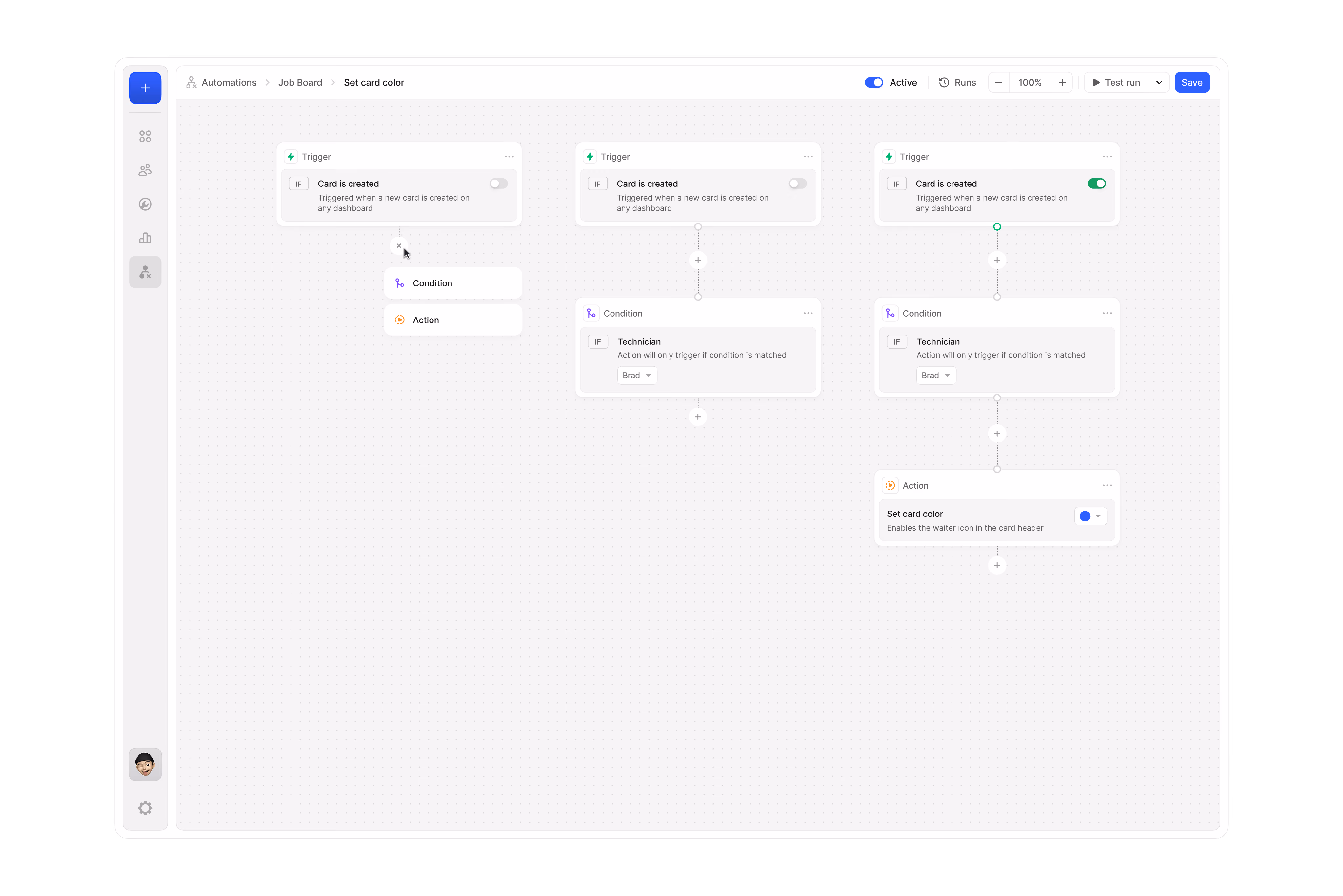 Workflow automation builder with trigger, condition and action steps for job cards