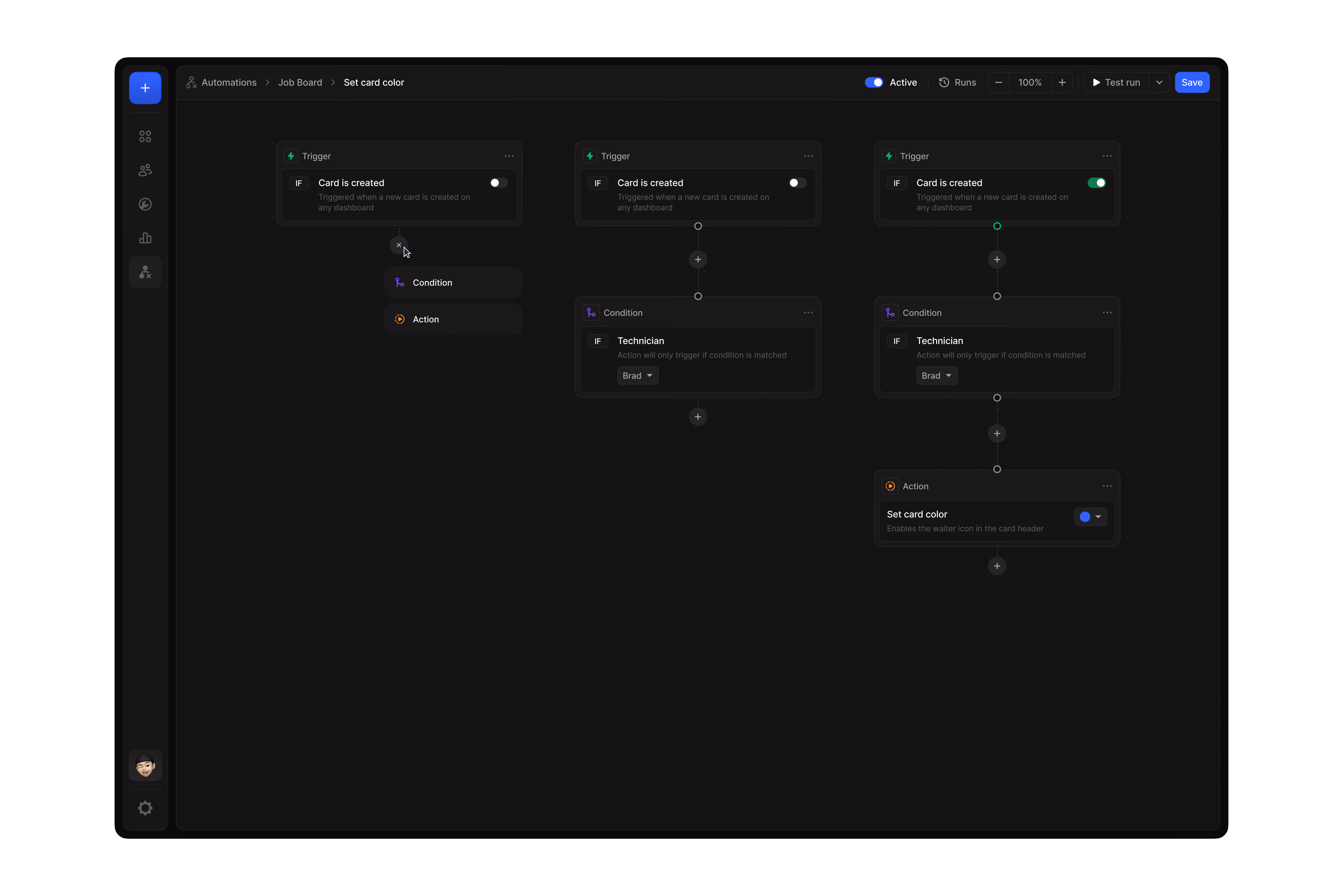 Workflow automation builder with trigger, condition and action steps for job cards