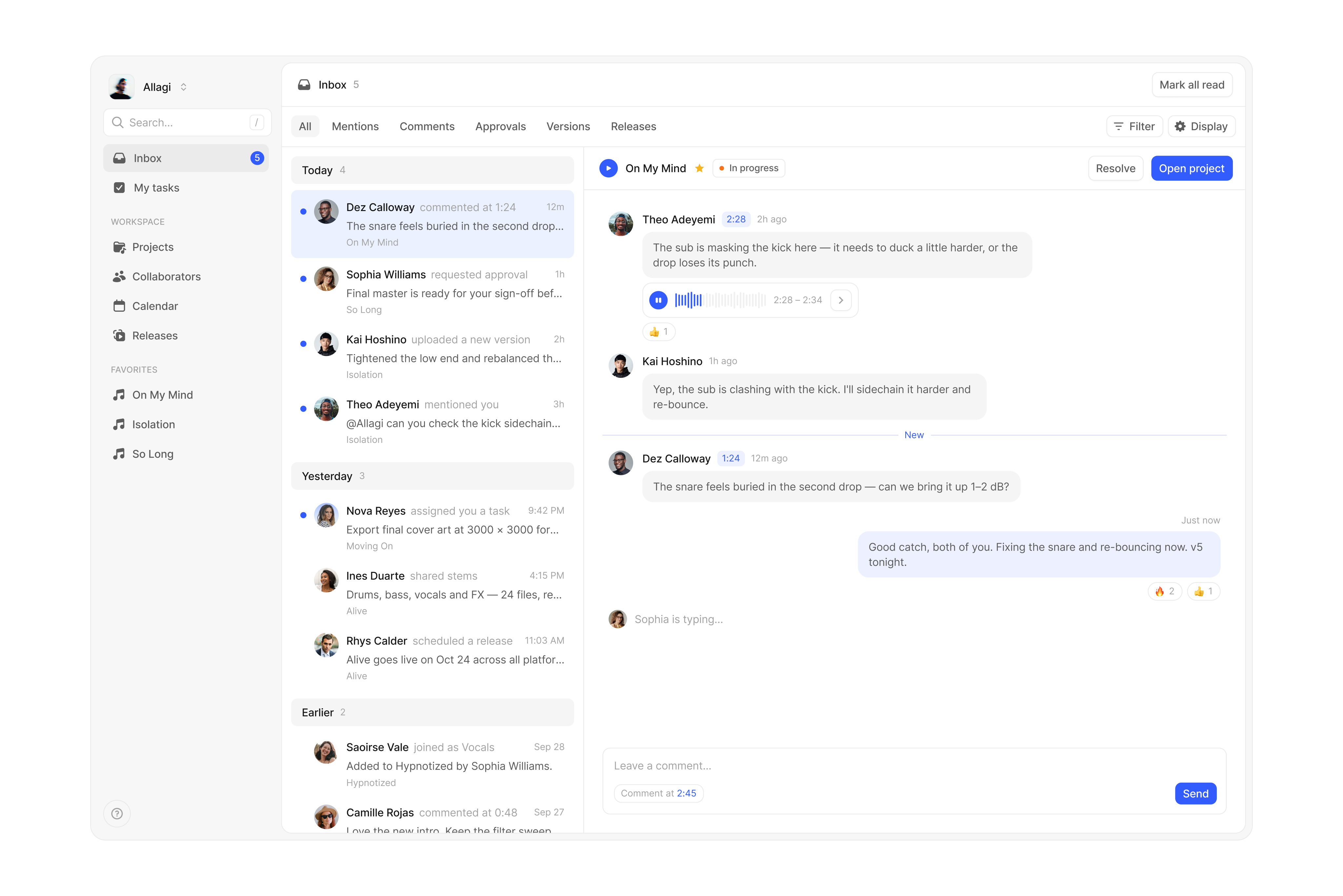 Music project manager inbox with mentions, comments and a track feedback thread