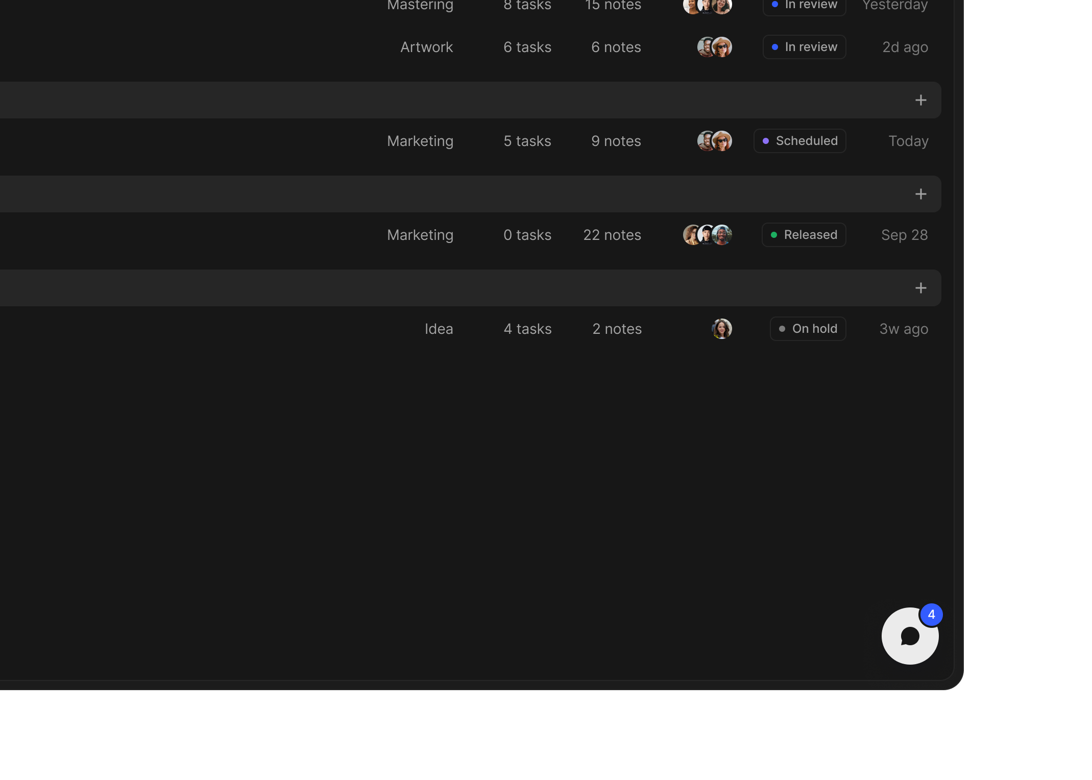 Close-up of the projects list with the collaborator chat button