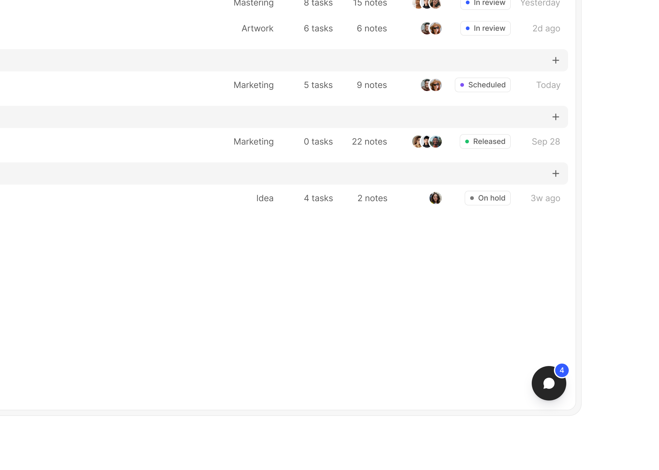 Close-up of the projects list with the collaborator chat button