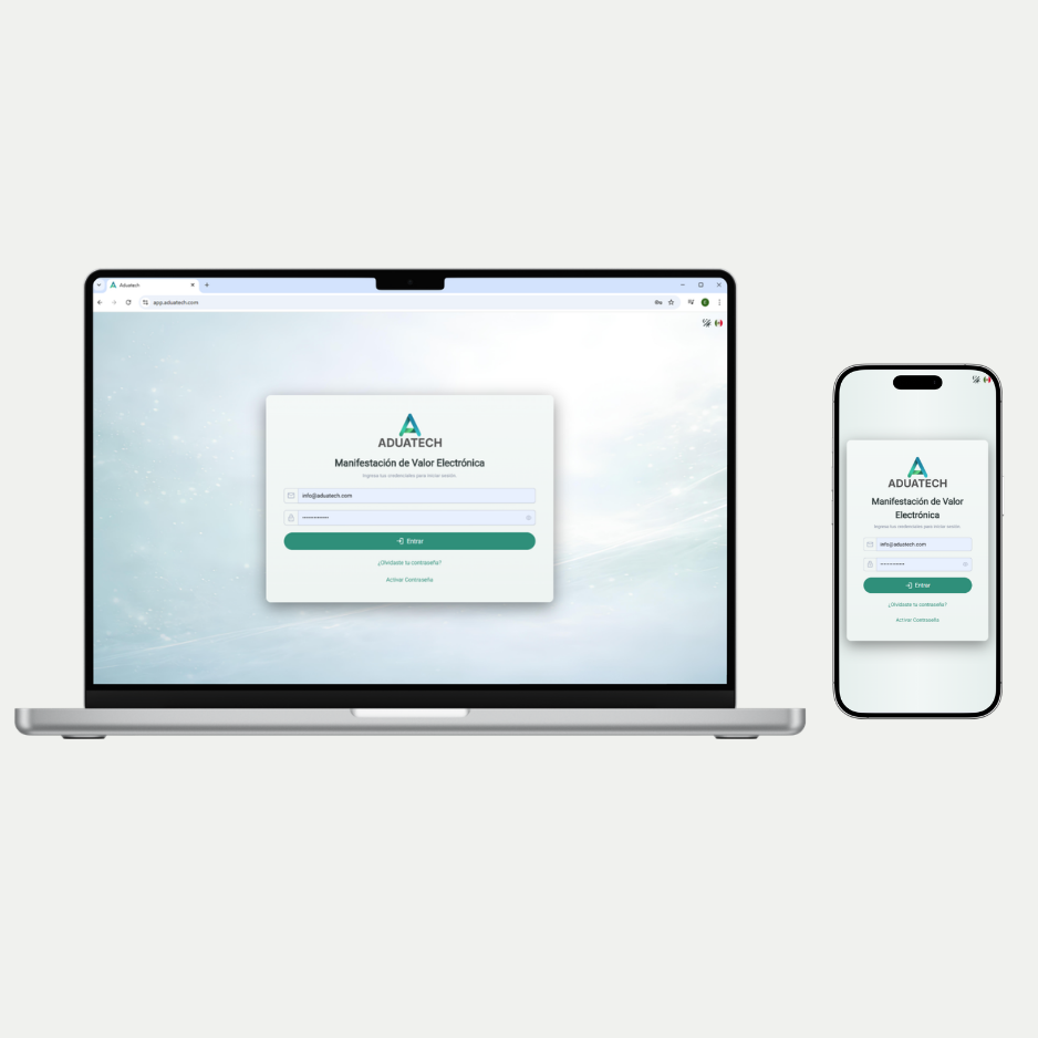 Aduatech — Vista de la plataforma en laptop y móvil