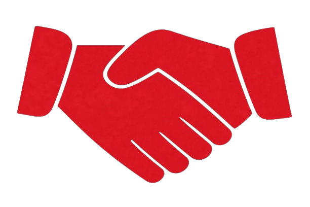 Red handshake icon on a black background symbolizing agreement or partnership.