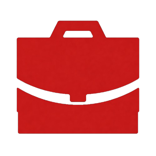 Red briefcase icon on a black background.