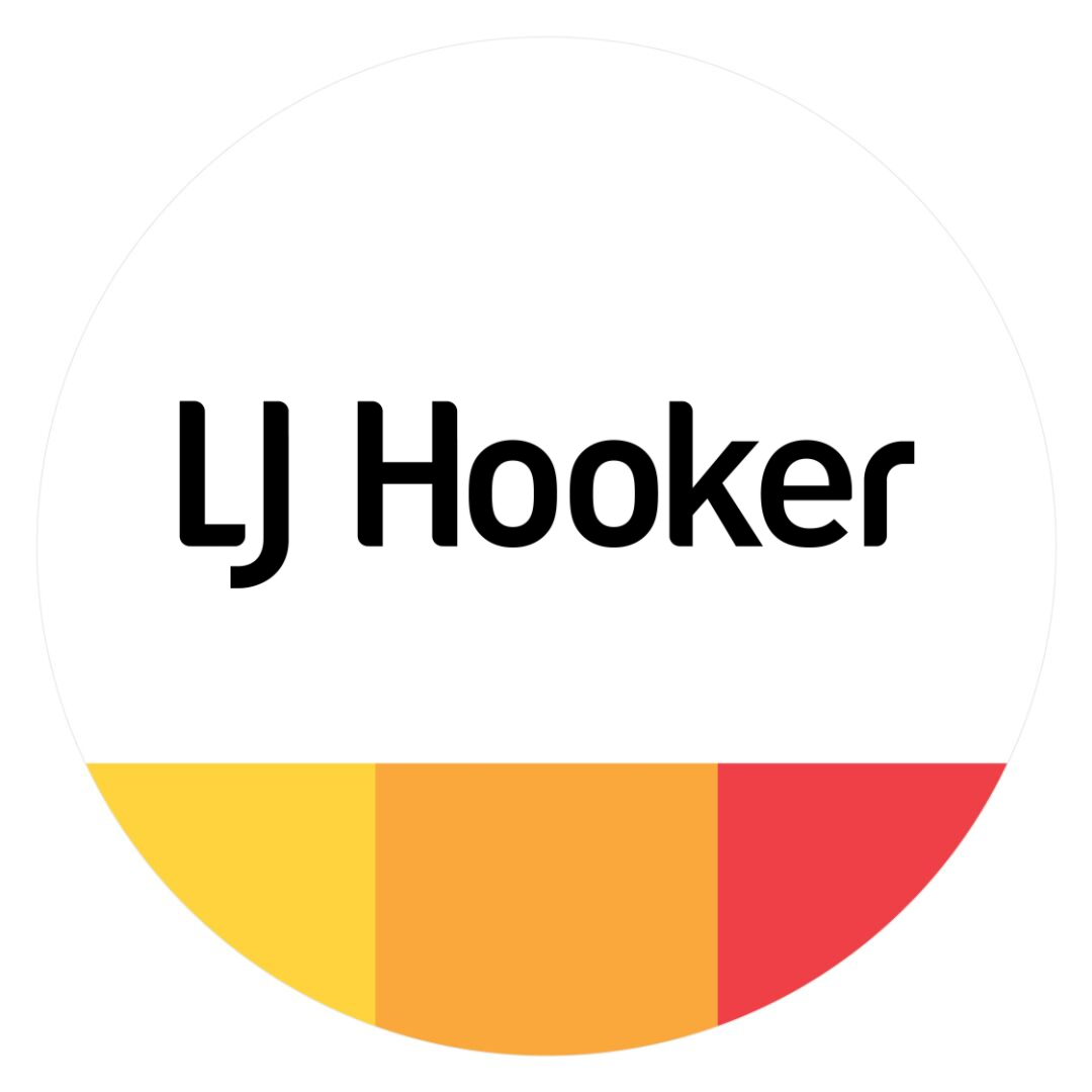 LJ Hooker logo with black text above three vertical rectangles in yellow, orange, and red.
