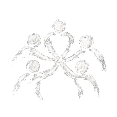 White brushstroke illustration of a human figure reaching out to shake hands with a robot figure.